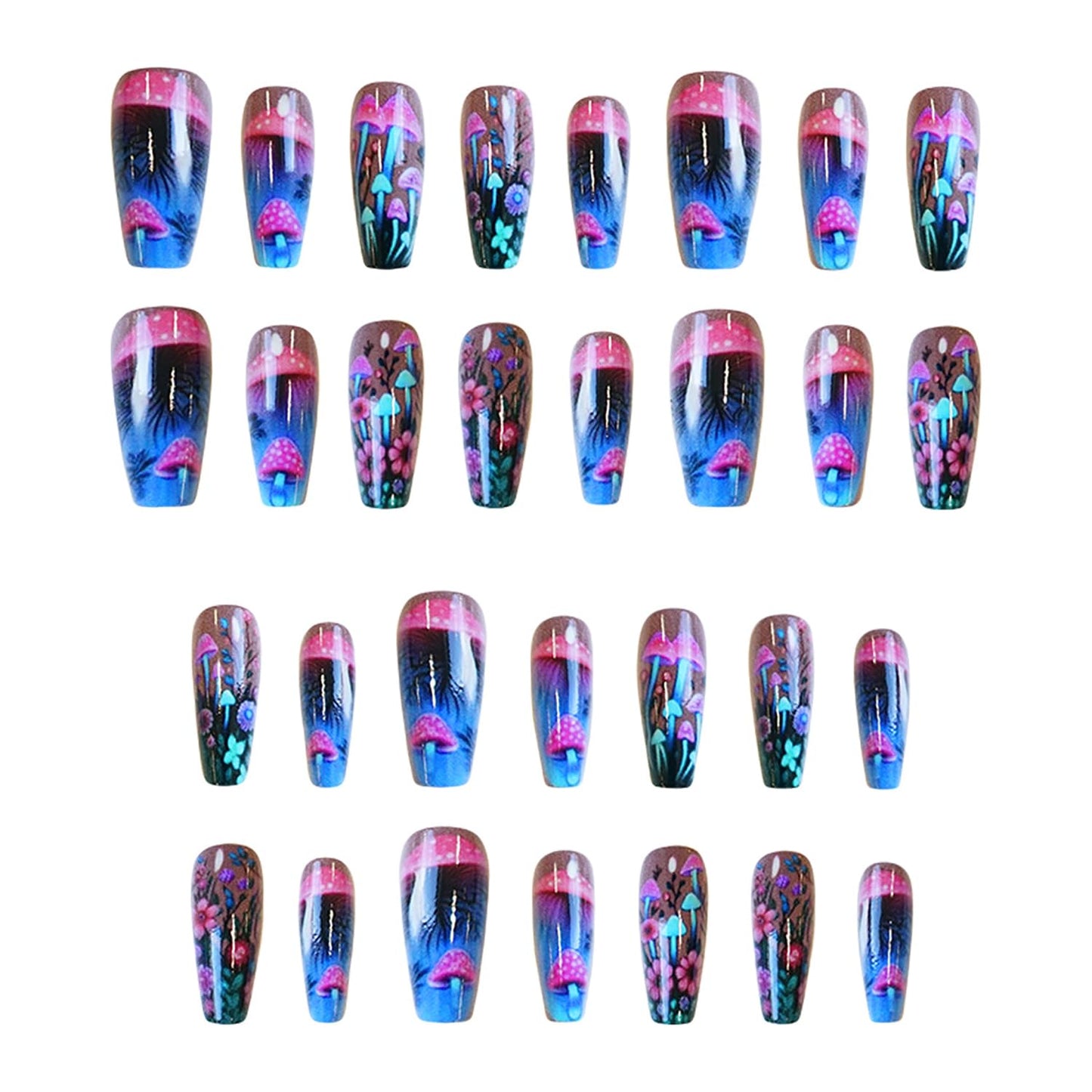 Mushrooms Press on Nails Medium Flower False Nails Ballet Shaped Acrylic Nails Fantasy Mushrooms Floral Design Colorful Stick on Nails Full Cover Coffin Nails Artificial Glue on Nails for Women 24Pcs