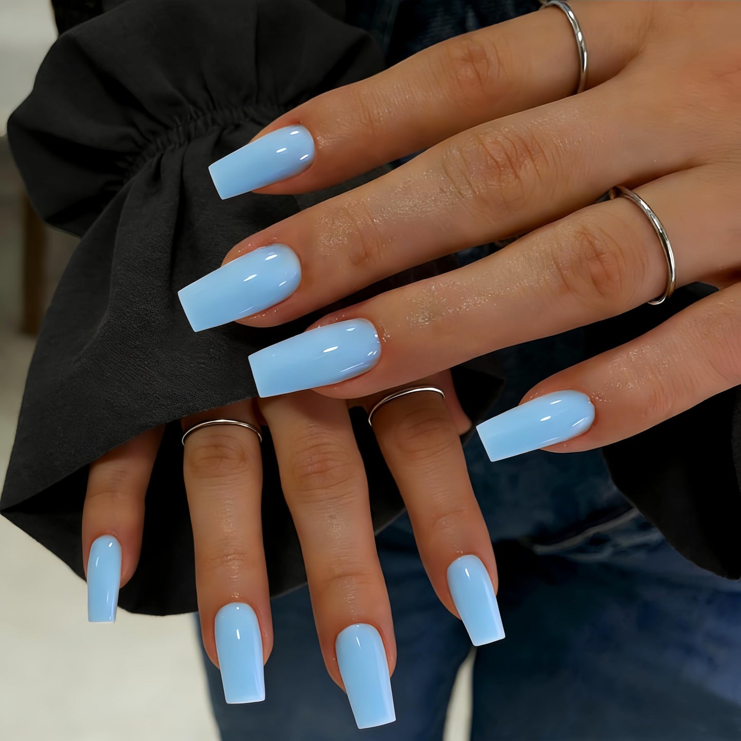 SXVME Press On Nails Long Square - Baby Blue Press on Nails with Glue for Women, Natural Simple Fake Nails Press ons Medium, Glossy Soft Gel Glue on Nails Coffin, Reusable Nail Stick Ons, 24 Pcs