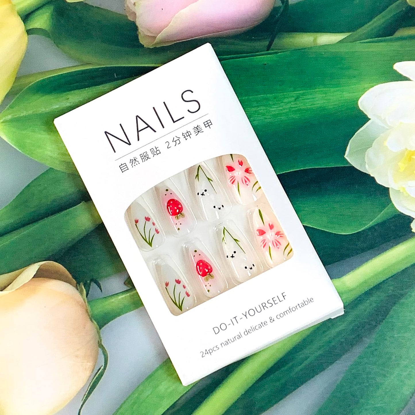 EYZOTSF Press on Almond Nails Medium Length Glossy Full Cover Acrylic Almond Shaped False Nails with Designs Artificial Fake Nail with Charms Glue Stick ons Fingernails for Women Girls(Z1094)