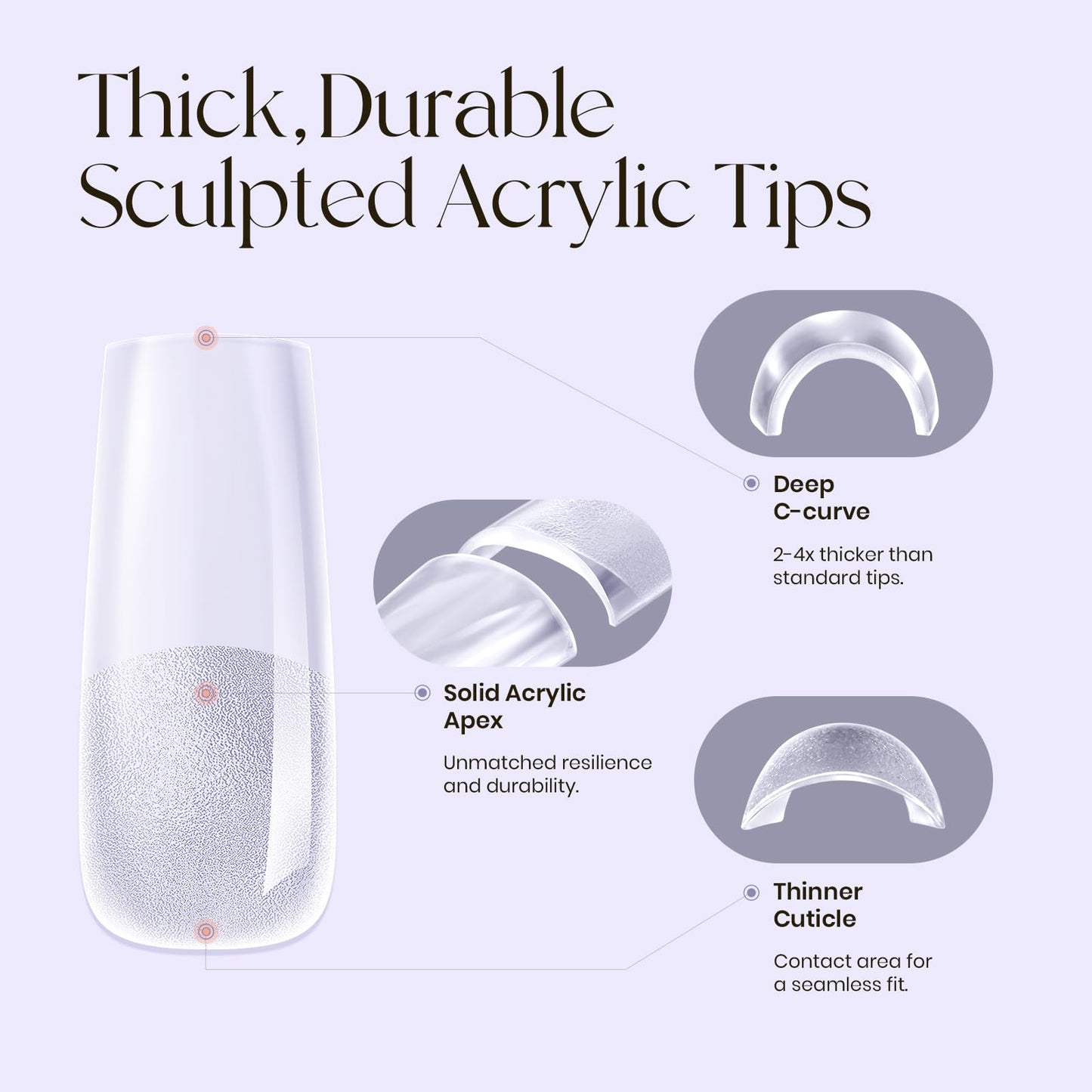 Tipex Instant Apex Nail Tips, Long Coffin Thicker Acrylic Nails,Strong Clear Pre-etched Press-on Nails,Matte Underside False Nails 128 Pcs 16 Sizes with 15g Tipex Nail Glue