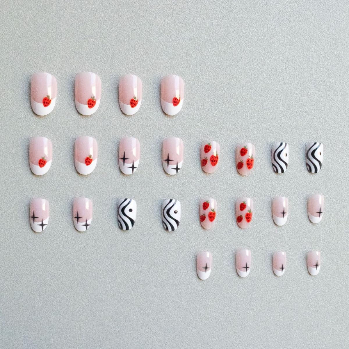 White French Tip Press on Nails Medium Oval Fake Nails Press ons with Strawberry, Striped, Star Design,Cute Reusable Artificial Nail Full Cover Stick on Nails for Women Manicure 24Pcs