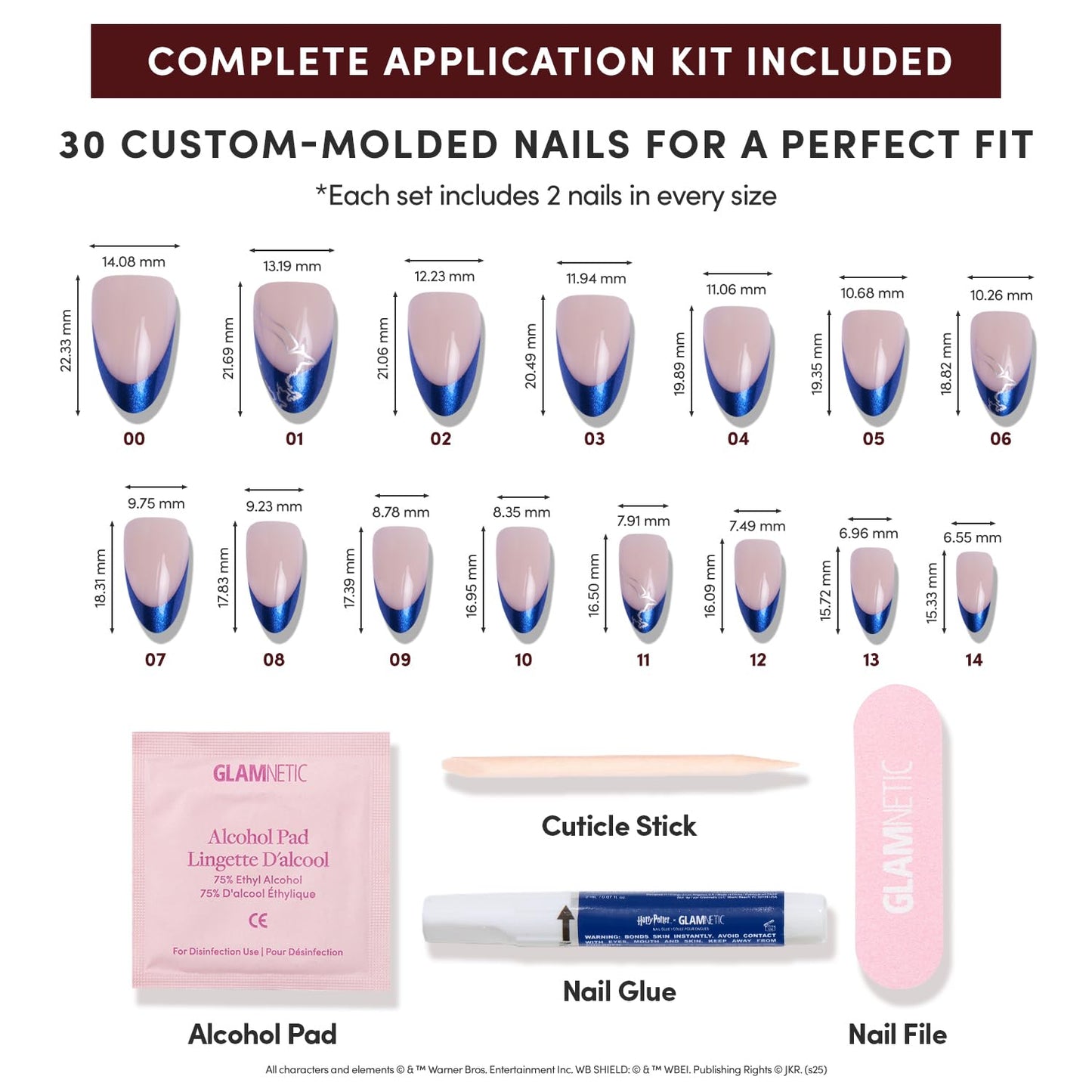 Harry Potter™ x Glamnetic Press On Nails - Ravenclaw™ | Blue French Tip Eagle Graphic Short Almond Fake Nails in a Chrome & Glossy Finish | 15 Sizes - 30 Nail Kit with Glue