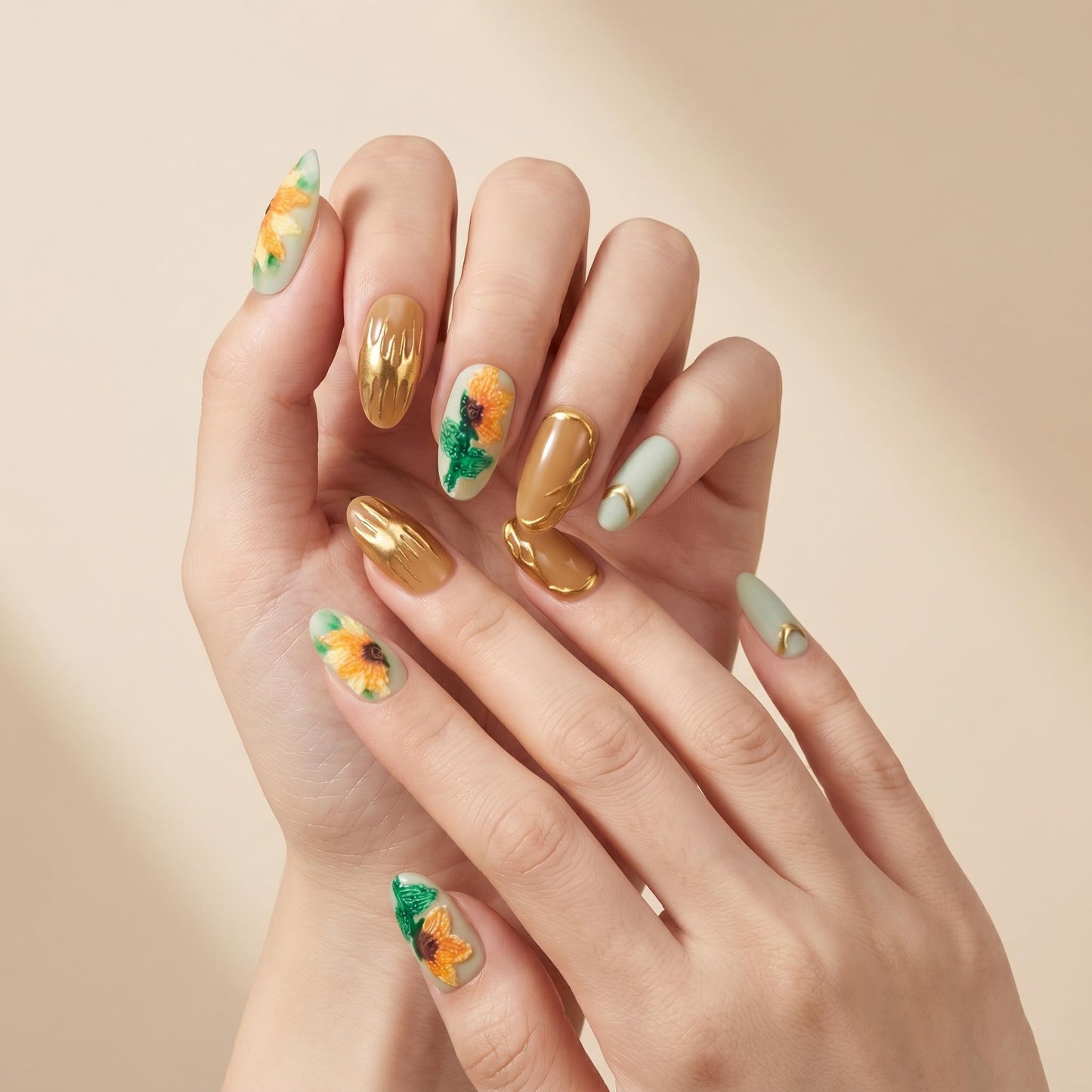 Sun&Beam Nails Handmade Press On Nails Medium Oval Mint Green Caramel Brown Gold Sunflower Floral Design Glossy 10 Pieces for Everyday Wear and Going Out (#022 M)