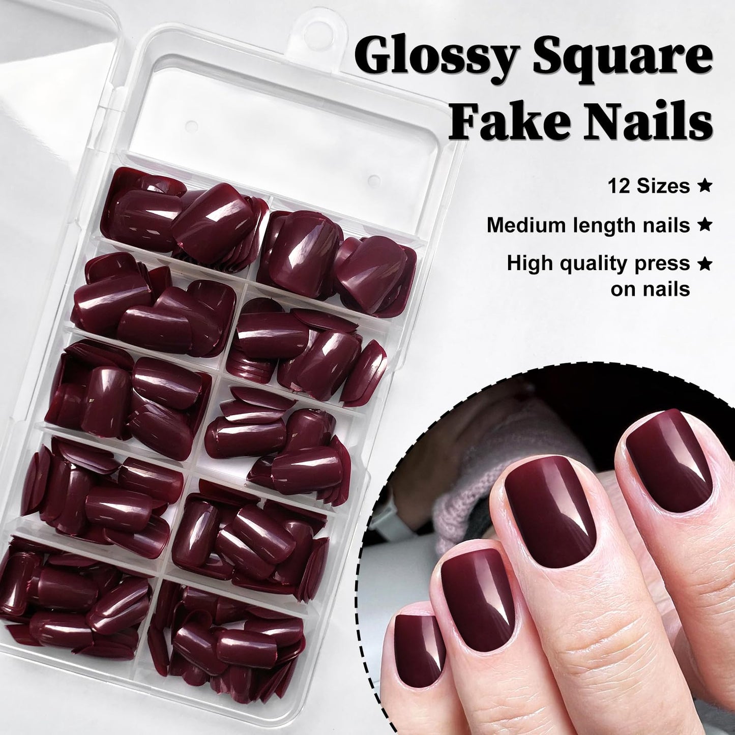 LuckForever Short Press on Nails 240pc Glossy Burgundy Press on Nails Short Square Round Fake Nails Full Cover 10 Sheets Nail Adhesive Tabs,Small Wooden Sticks and Nail Files False Nails for Women