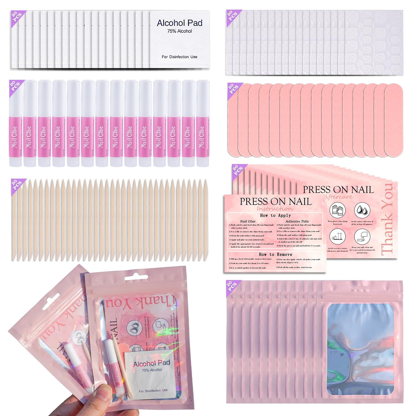 Disposable Nail Supplies Kits,Professional Manicure Press On Nail Tool Kit with Nail File,Adhesive Tabs,Nail Glue,Sticks, Prep Pads,Bags,Cards for Nail Business (140pcs20set-pink)