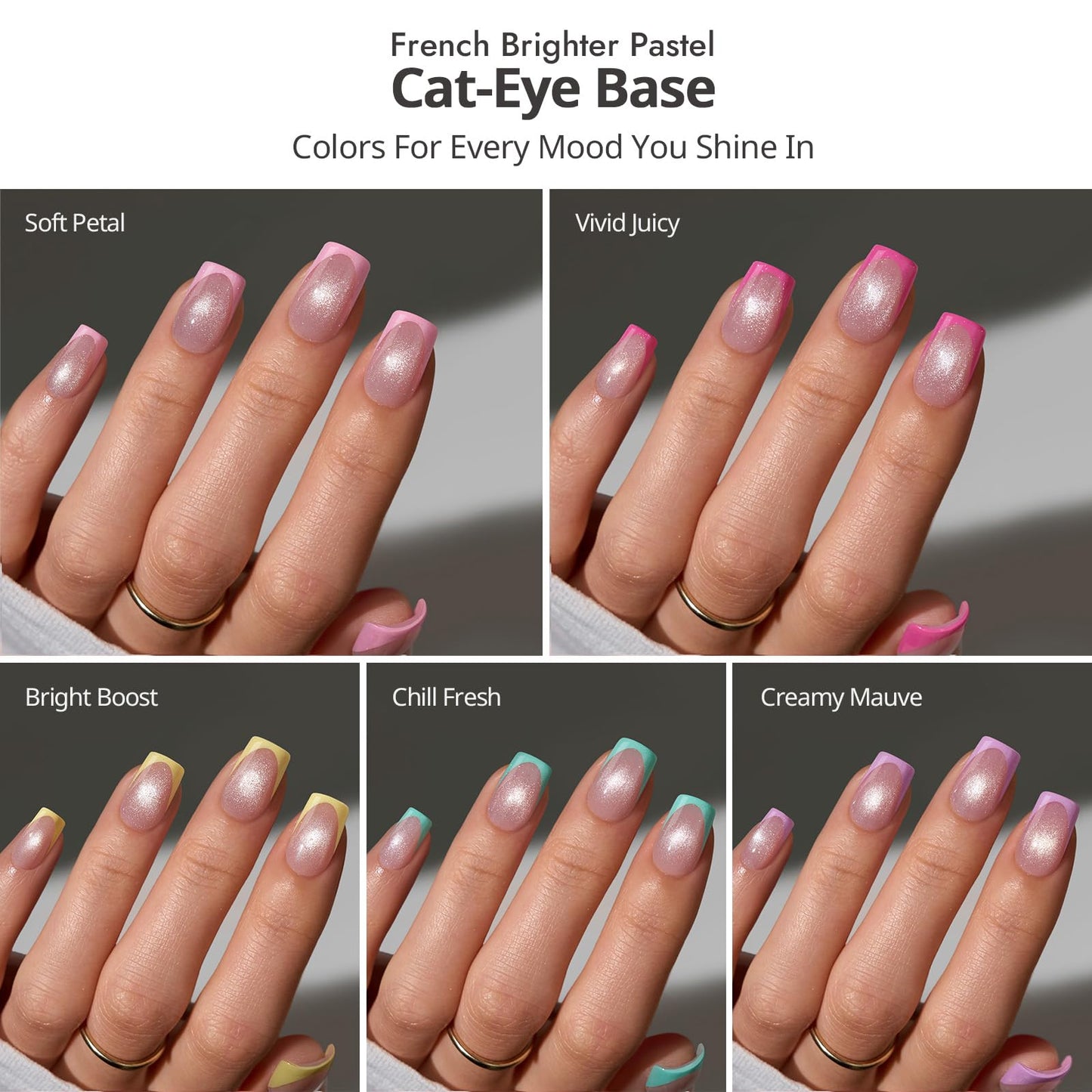 BTArtboxnails XCOATTIPS 5 Brighter Pastel French Tip Press on Nails - Short Square, Cat Eye Base, 4-Week Wear, Easy-to-Apply, Soak Off, Salon Quality Value at Home, 16 Size - 160 Fake Nails