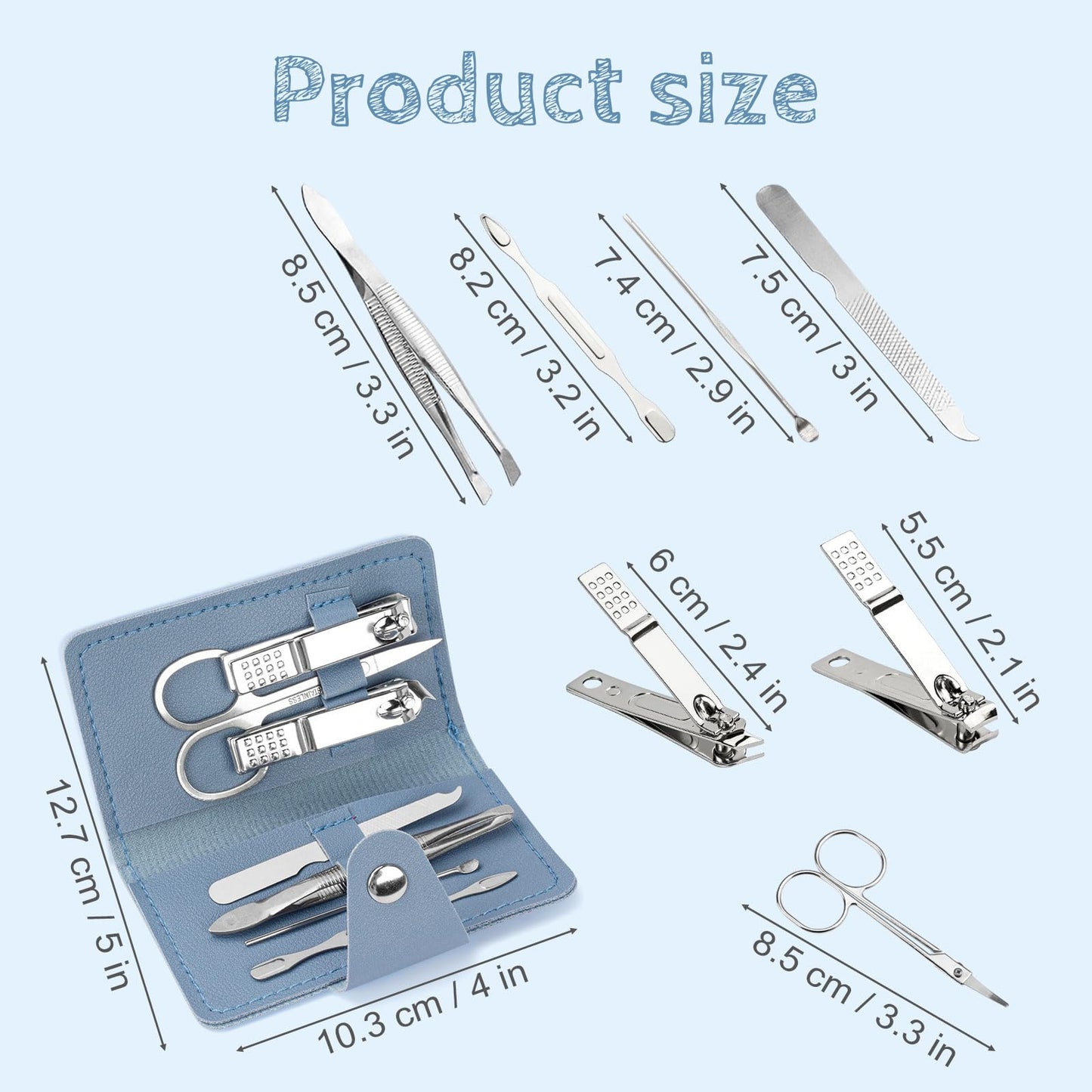 HDFCLUP 7-in-1 Manicure Kit – 10Piece Travel Nail Kit with Stainless Steel Tools, Ultra-Compact 5x6 cm Pouch for Perfect Nails Anywhere, Ideal Gift for Women, Men, and Travelers (Blue)