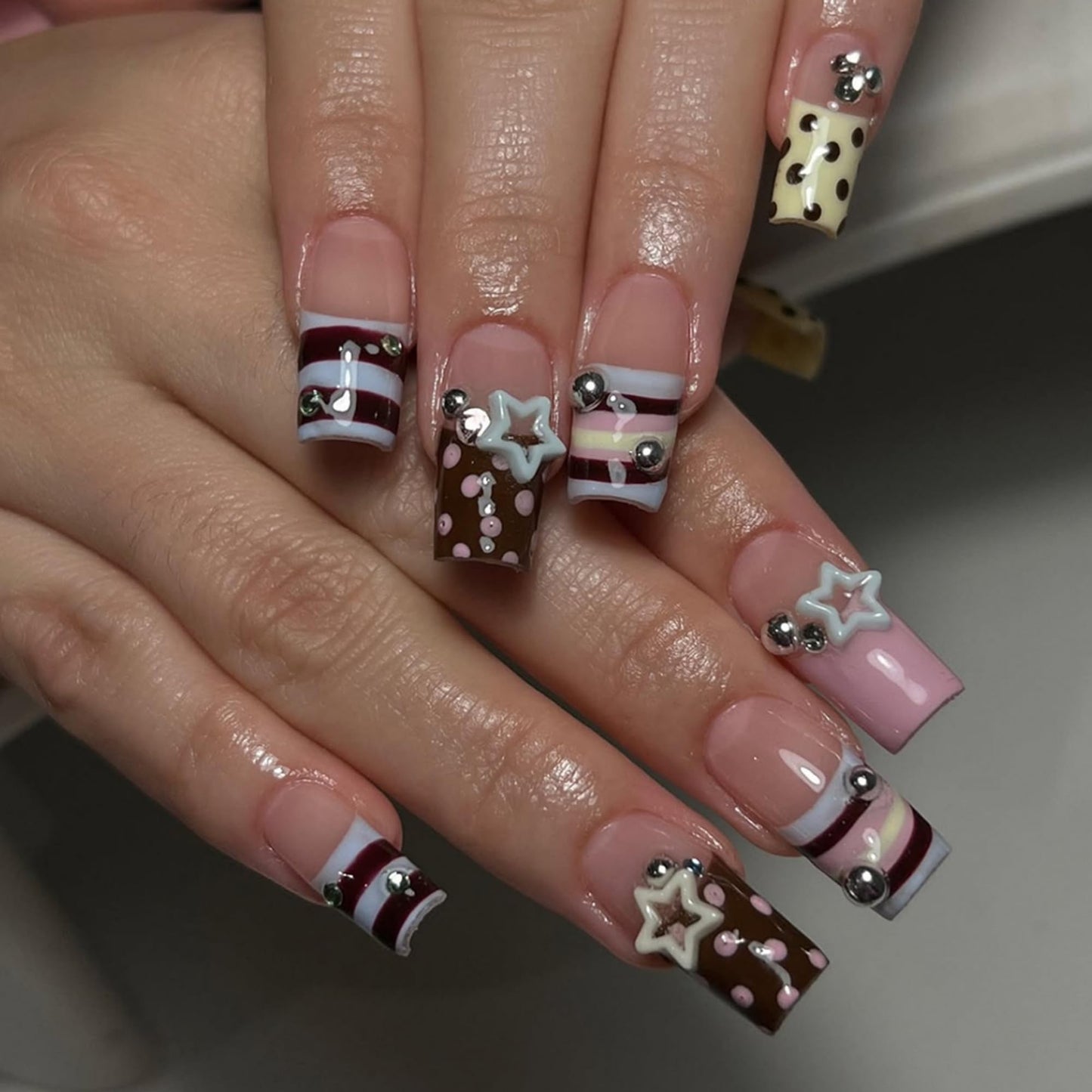 octoswave Long Square Press on Nails - Cute Pink Brown Y2K Fake Nails with 3D Stars Polka Dots - 24 Pcs False Nails Kit with Adhesive Tabs