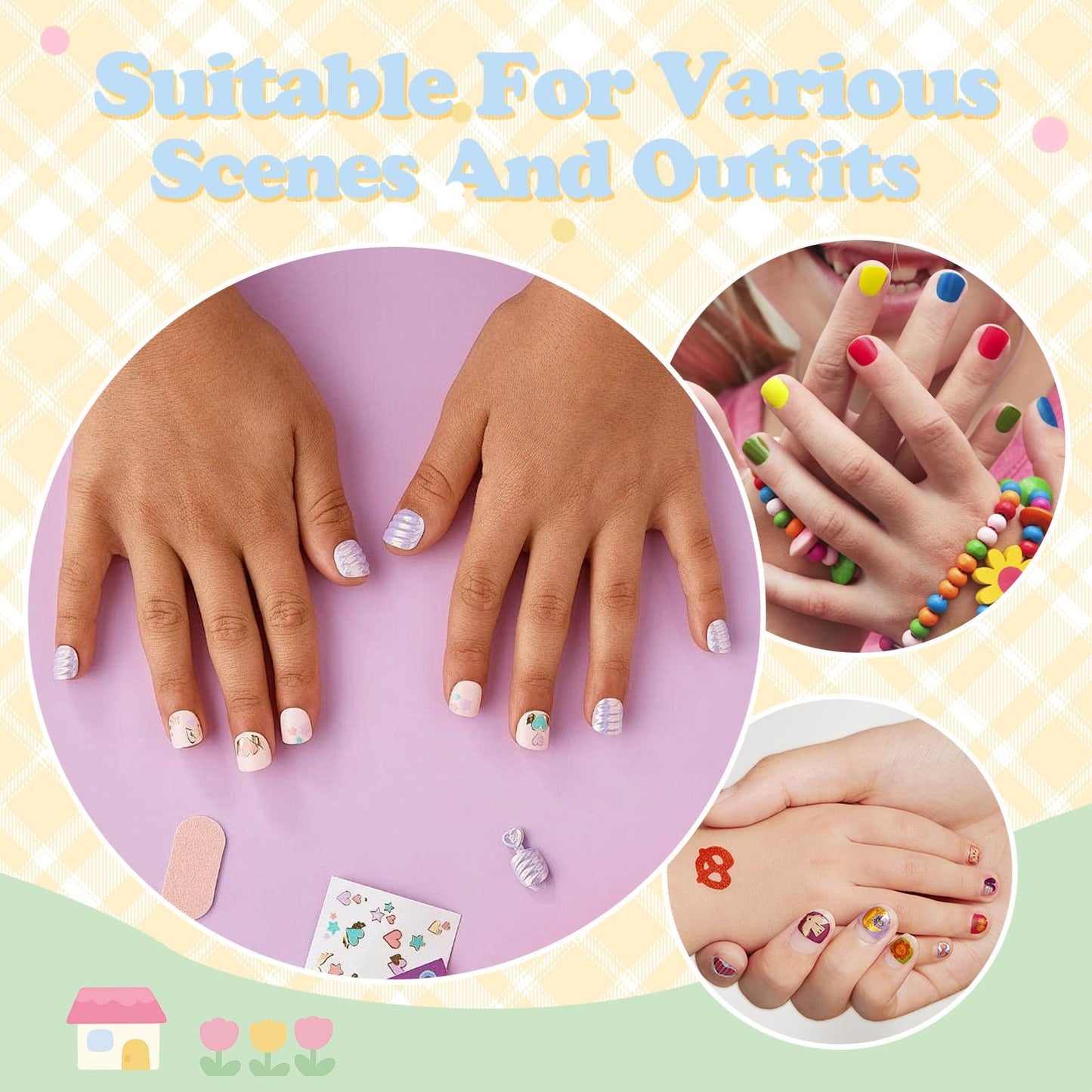 Press on Nails for Kids 3-6,With Cute DIY Stickers,4 Pack 48Pcs Little Girls Sparkling Princess Nails,Cute Pattern Flower Series