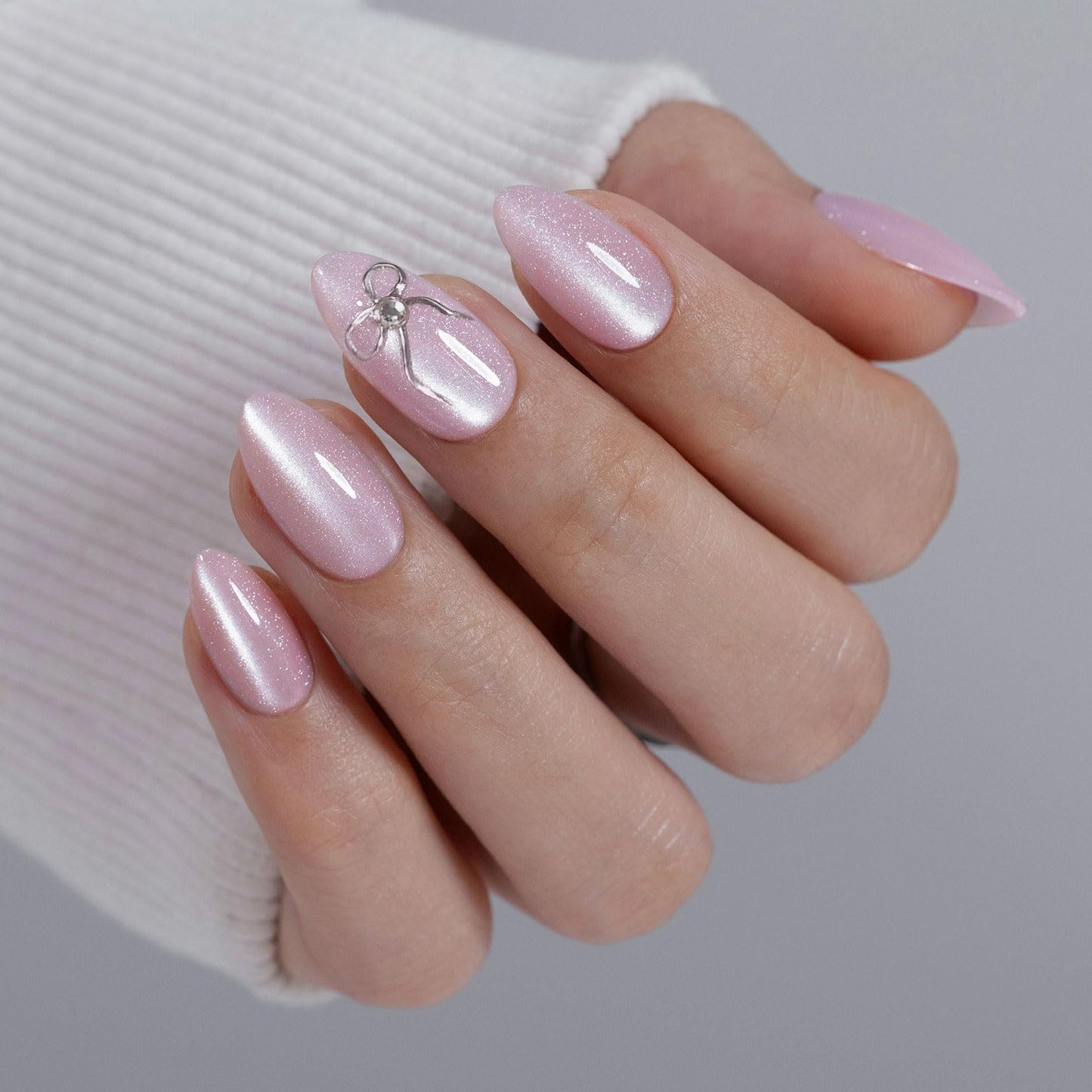 Pink Cat Eye Press on Nails Short - GJZEZ Soft Gel Pink Shimmer with Silver Bow Charm Coquette Almond Fake Nail Press ons Gifts for Women, Cute Glam Reusable Faux Nail in 16 Sizes 32 PCS, Velvet Bows