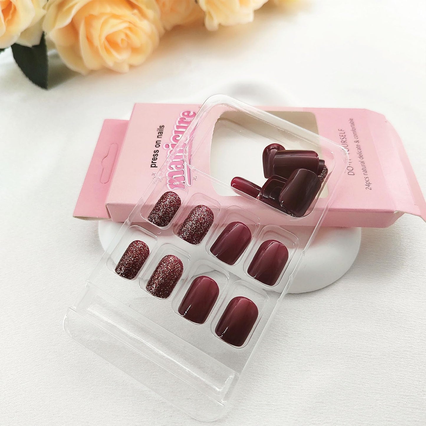 Press on Nails Short Burgundy Acrylic Nails Press ons Glossy Square Fake Nails with Golden Glitter Designs Red Full Cover Reusable Glue on Nails for Women Girls 24 Pcs