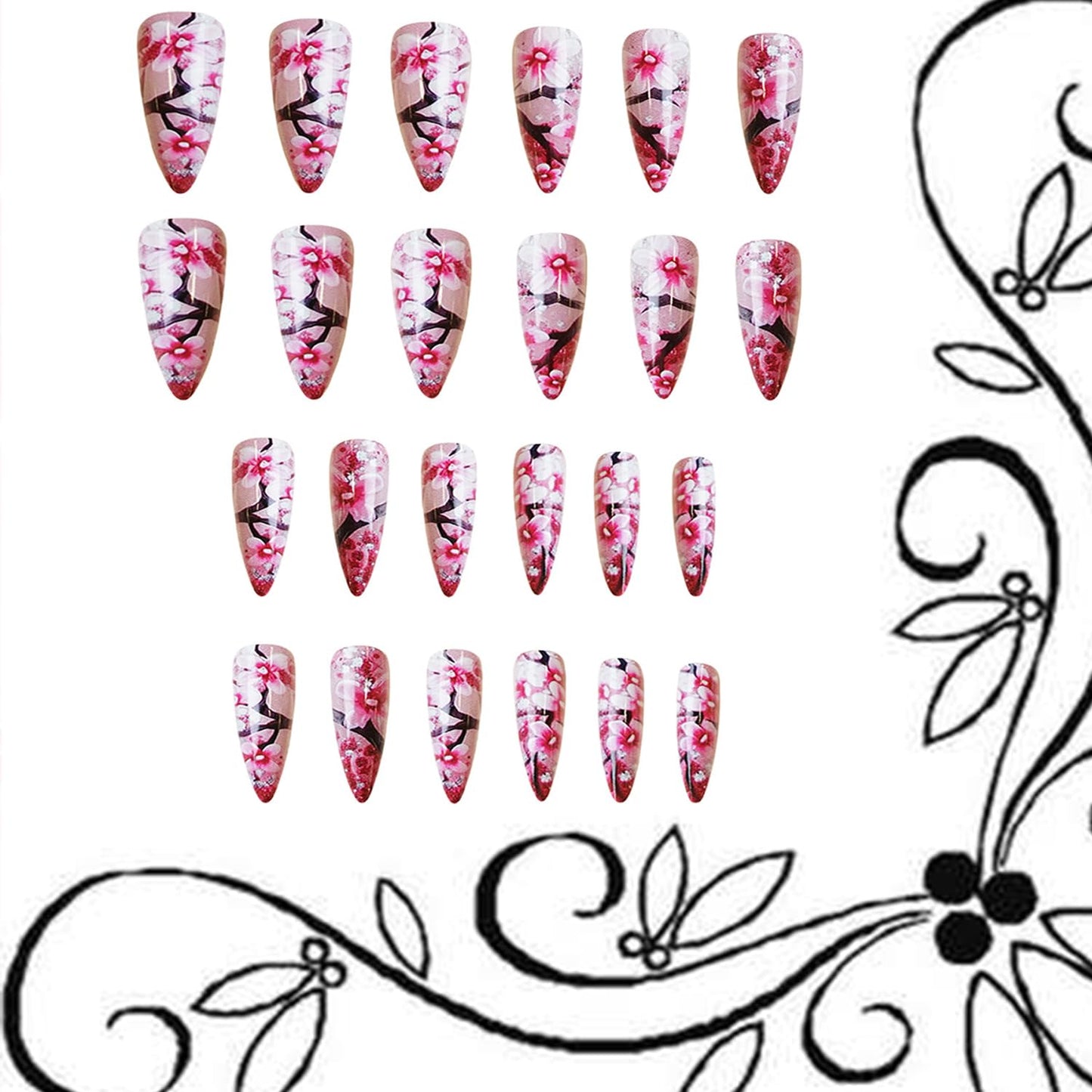 24Pcs Flower Press on Nails Long Length Pink Peach Blossom Pattern Design Full Cover Glossy Almond False Nail Spring Artificial Fake Nails Reusable Almond TipPress Ons Stick on Nail for Women