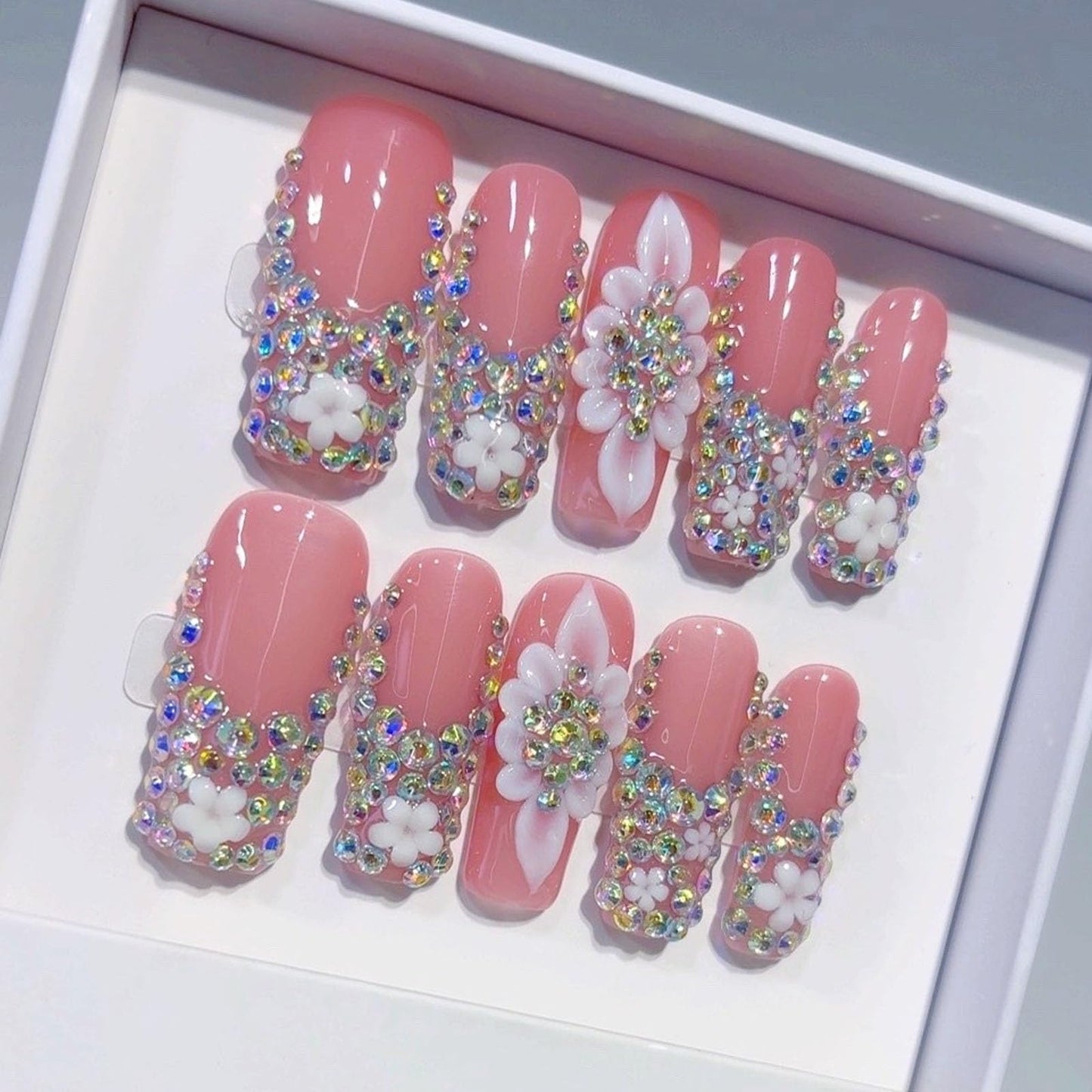 10 Pcs Handmade Press on Nails Long Square Fake Nails with 3D Flowers Rhinestones Charms Design Pink Acrylic False Nails Wedding Party Press Ons Nails Square for Women - M Size