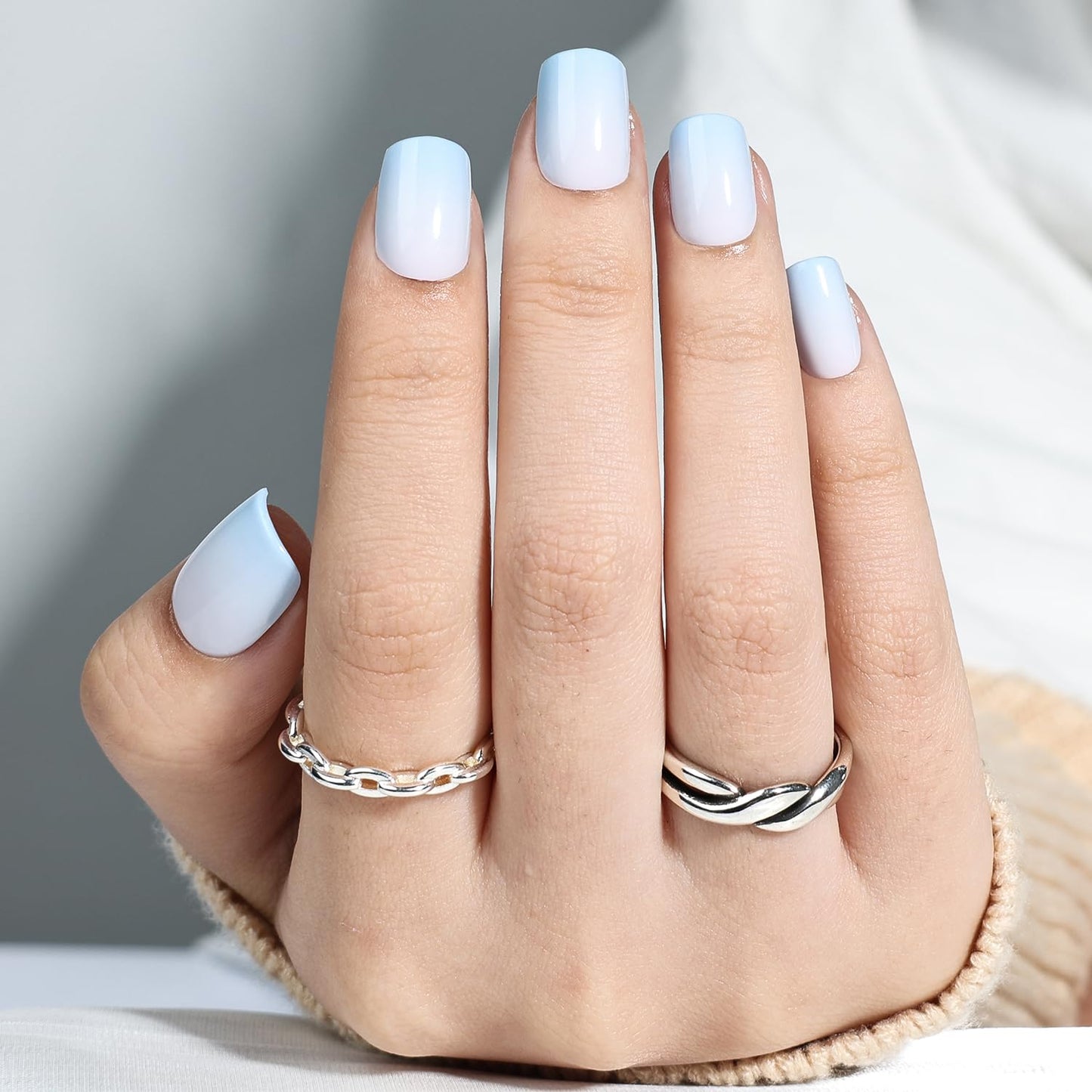 Leefrei Press On Nails - Short Square Blue Fade Press on Nails Glossy Finish Nails Press Ons for Women DIY Fake Nails Kit with Glue, Reusable Glue on Nails Short in 15 Sizes - 30pcs, Sky Fade