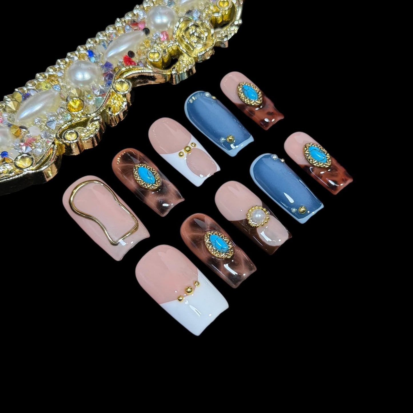 Handmade Press on Nails - Turquoise & White French Tip Short/Medium Square Shape, Amber Print Acrylic Reusable False Nails with Pearl Accents (Turquoise, M)