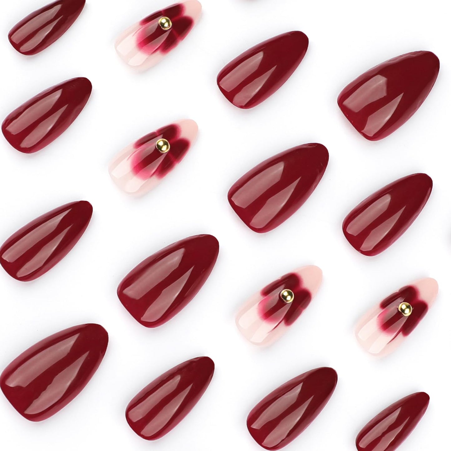 24Pcs Dark Red Almond Press on Nails Short Medium Fake Nails with Floral Steel Ball Design Reusable Almond False Nail Red Flower Nails Press ons Artificial Spring Summer Flower Nails for Women