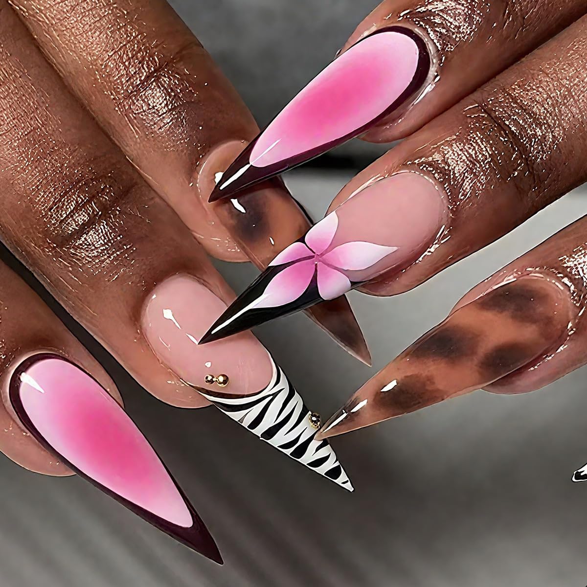 Long Stiletto Press on Nails Pink Flower Fake Nails Tortoise Design Zebra French Tip Press Ons Extra Long Full Cover Glossy Nails for Women Manicure 24PCS