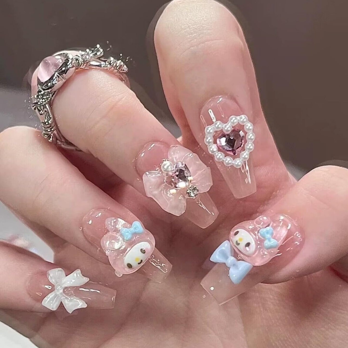 NLSJMP Thick Acrylic Press on Nails, Handmade Gel Press On Nails Long Square, bling pearl Cute bow rhinestone Kawaii Fake Nails Kit,Reusable 10 Nails Size M,#949, 949(Medium)