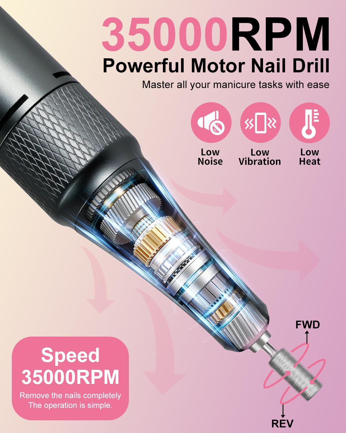 Moskany Professional Electric Nail Drill Kit 35000RPM with 14PCS Bits Pink Portable Rechargeable Cordless File Machine for Acrylic Gel Powder Nails and Manicure Pedicure Toenail Tool Salon Set