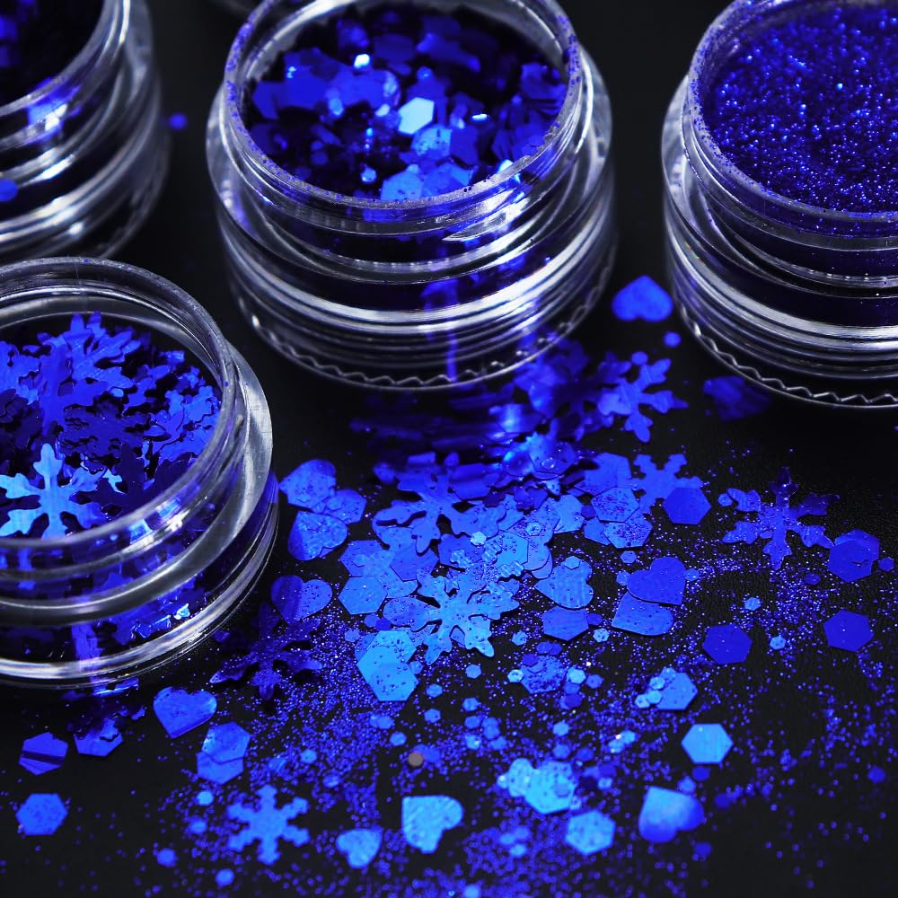 Christmas Nail Art Glitters Blue Nail Sequins, 6 Grids Winter Nail Glitter Sequins Mixed Snowflake Butterfly Heart Nail Glitter Flakes DIY Christmas Nail Art Decoration Accessories for Women Girls
