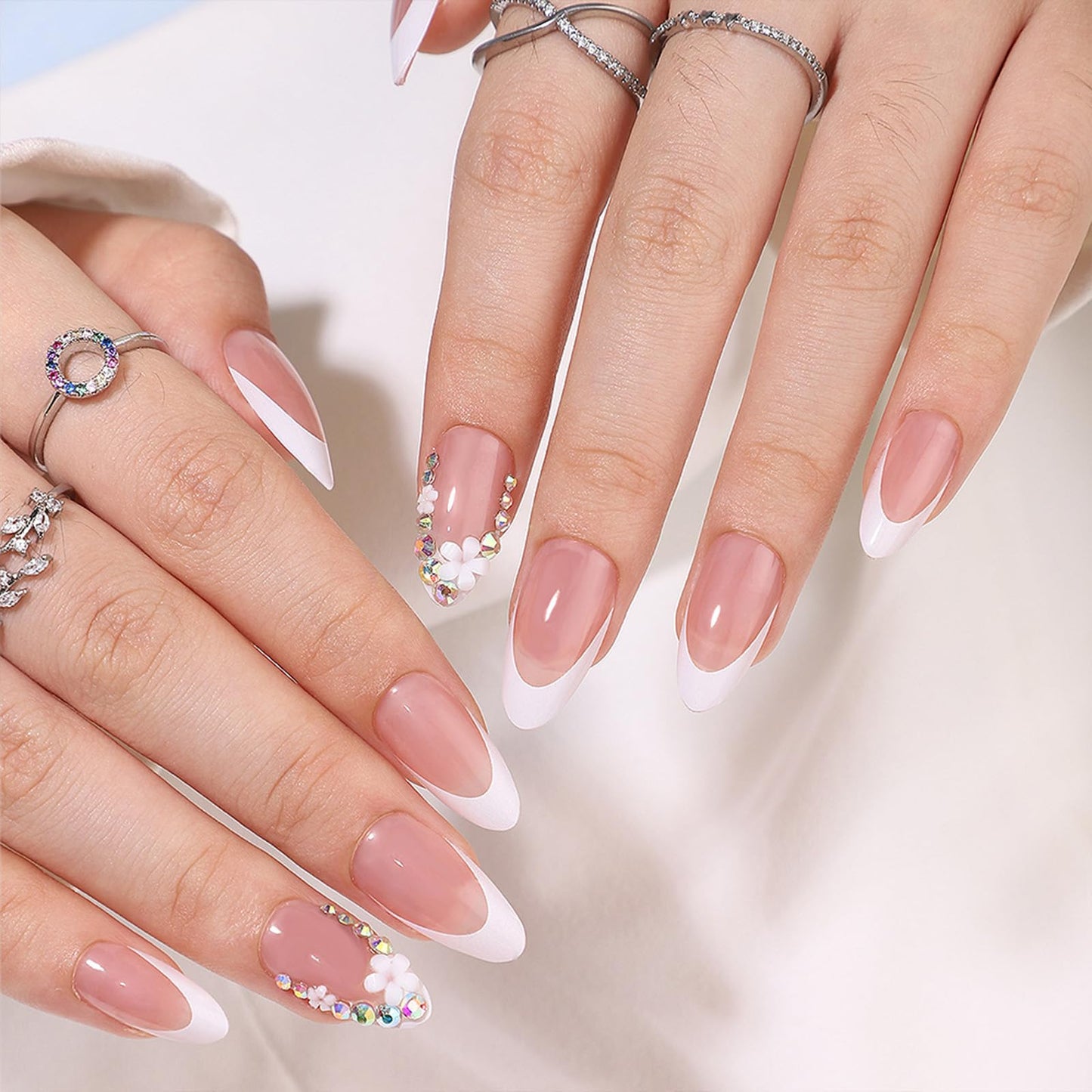 FJSMTOPl 3D Flower Press on Nails Almond Fake Nails Press ons French Tip False Nails with Desgins Rhinestones Acrylic Glue on Nails Artificial Stick on Nail for Women Manicure 24Pcs