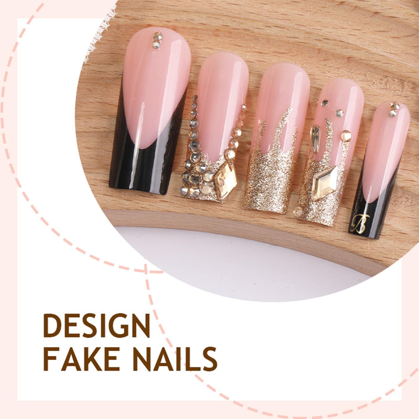 Black Gold French Tips Press on Nails, Long Square Fake Nails with Nude Base, Gold Glitter False Nails Rhinestone Fake Nails, Luxury Reusable Stick on Artificial Fingernails for Women Gift