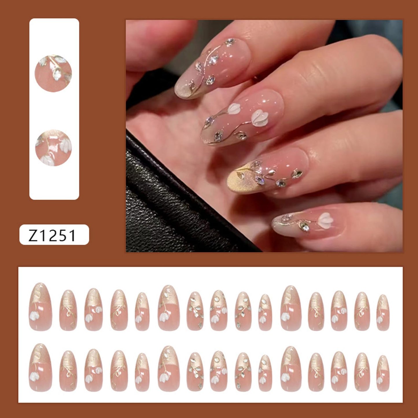 30Pcs Flower Press on Nails Medium Almond Fake Nails with 3D Rhinestone Design Gold Glitter French Tip False Nails Pink Glossy Full Cover Cute Floral Reusable Spring Summer Gel Acrylic Nails for Women