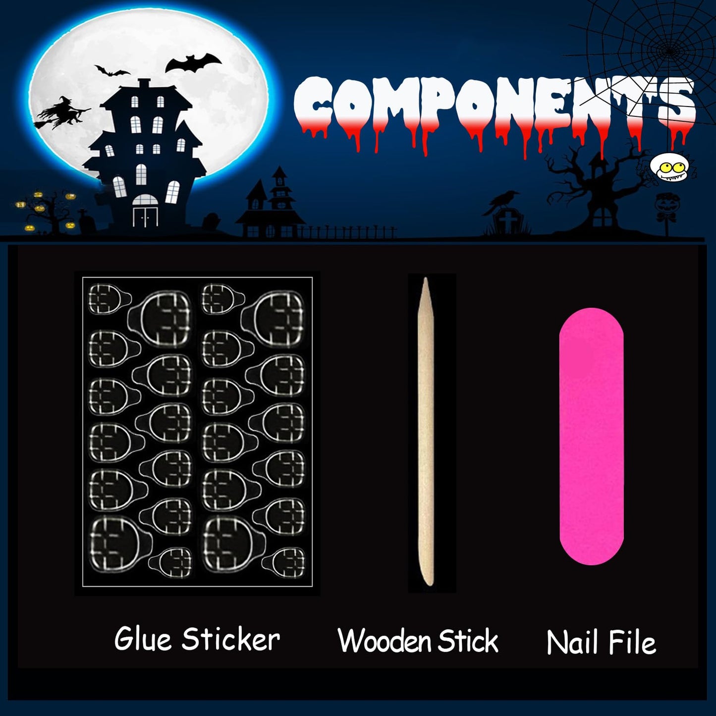 Halloween Press on Nails Long Square Fake Nails with Design Spider Web Glue on Nails Ghost Drop Stick on Nail Full Cover Coffin Acrylic Nail Press ons for Women Manicure 24 Pcs
