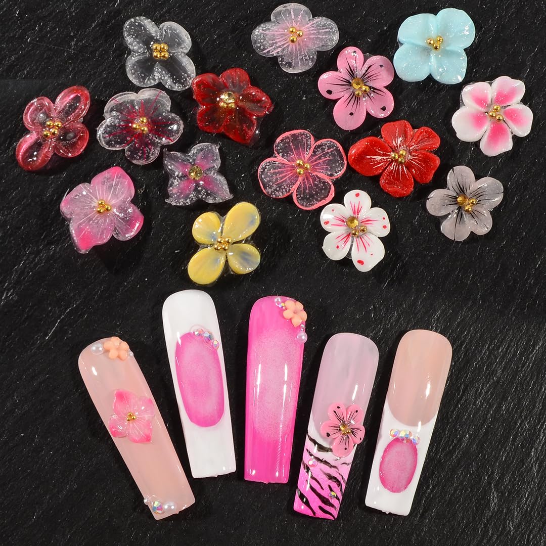 QIMYAR 30PCS/Box Spring Summer Handmade Flower Nail Art Charms Set, 15 Designs Hand Sculpted Acrylic Flowers 3D Cherry Blossom Apricot Nail Art Floral Salon Decoration for Women Girls