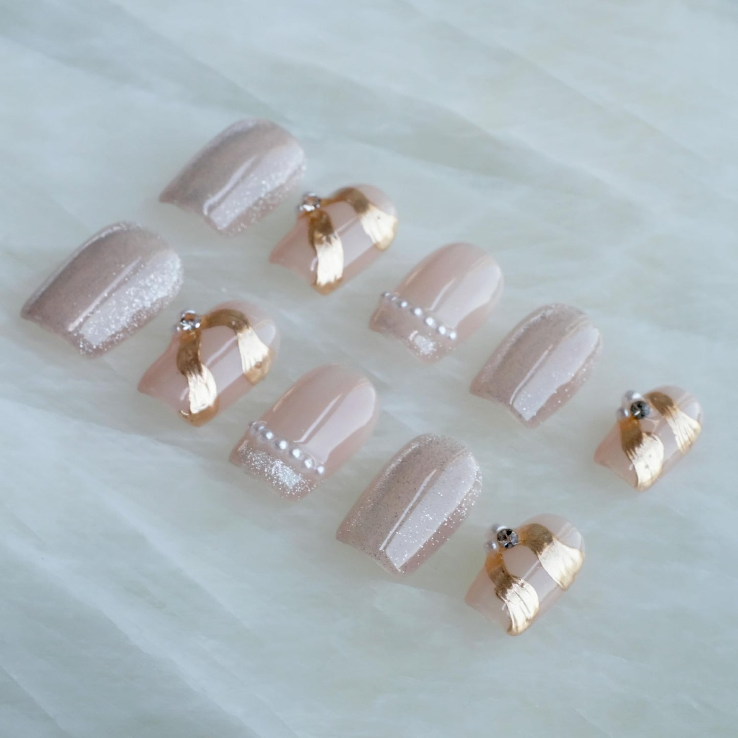 [GLORS] Purely Handmade Press On Nails | Elegant French Pink Pearl Gold Fake False Nail | Salon Quality in Short Square shape, 10 pieces (XS, SS)