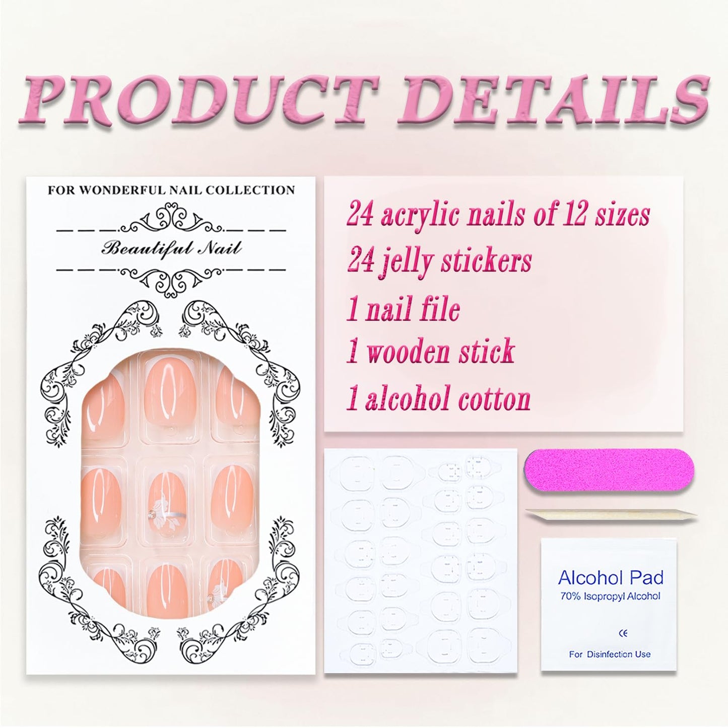 White French Tip Press on Nails Short Square MABKJLF Flower Fake Nails False Nails with Silver Lines Floral Designs Full Cover Glossy Glue on Nails Acrylic Nails for Women Girls 24Pcs