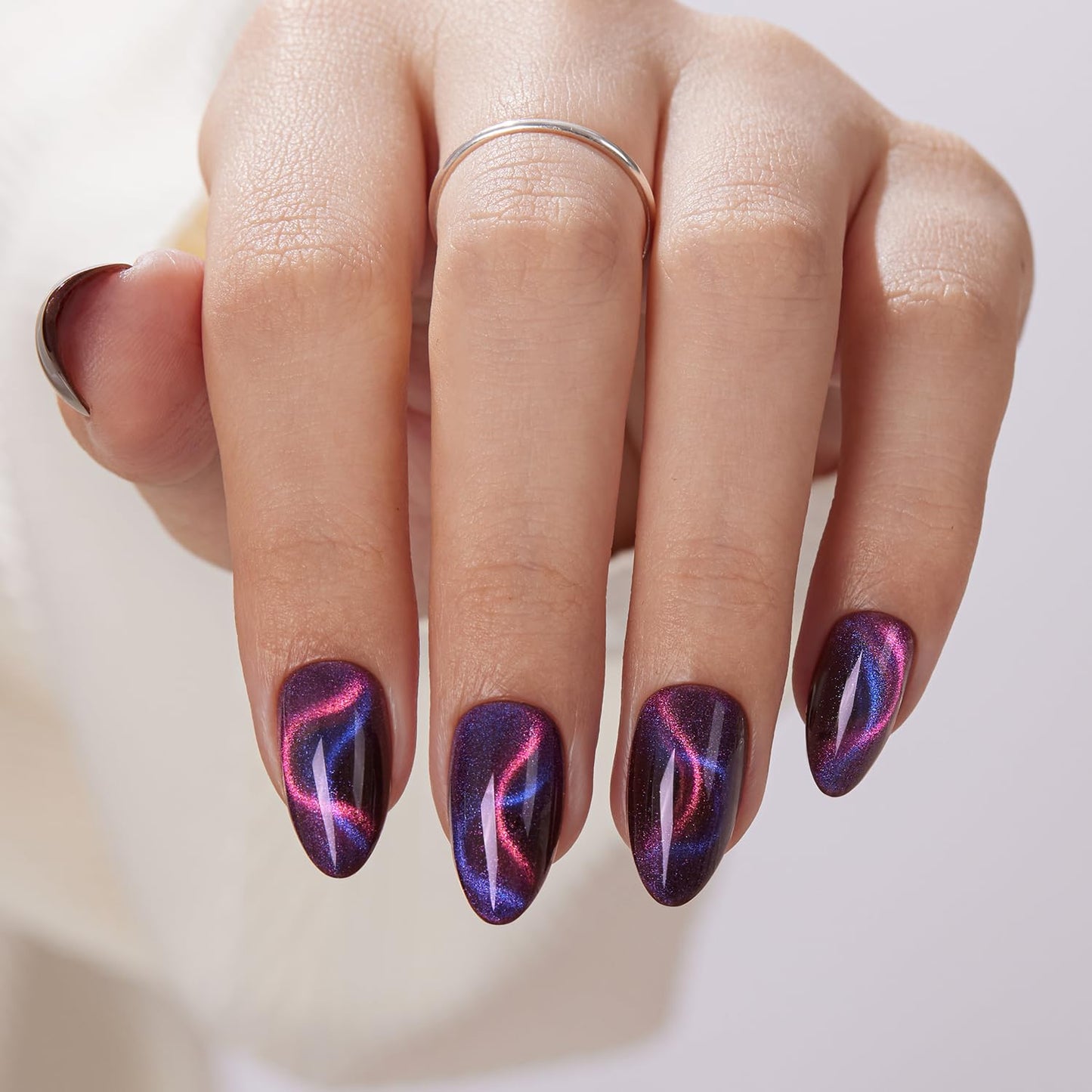 VSALON Press On Nails Short Almond, Red Cat Eye Press On & Purple Blue Ribbon Cat Eye Fake Nails Reuasble Glue on Nails For Women