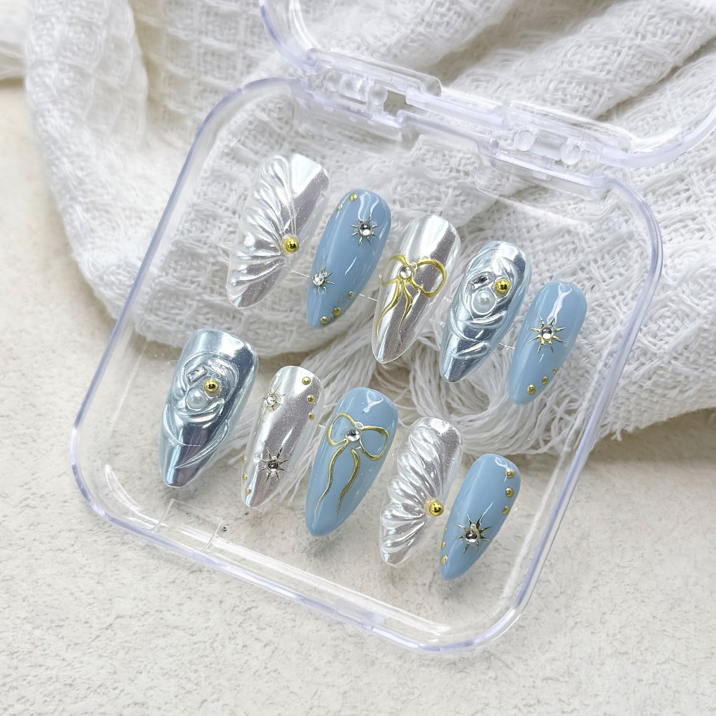 Handmade Press on Nails Medium Almond Fake Nails withGlue,Luxury Rhinestone & 5D Bow Blue Press ons Muti-LayerGel Handmade False Nails for Women (Size M)