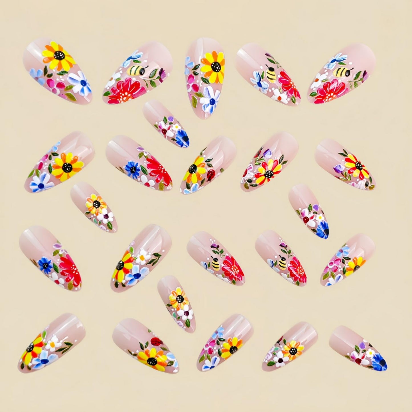 24pcs Flower Press on Nail Almond Shape Fake Nails with Colorful deisgns Stick on Nail Full Cover Nude Pink Press ones French Tip False Nails for Women Summer Glue on Nails