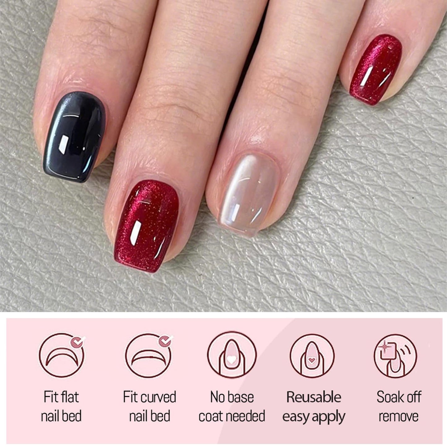 3Packs 72Pcs Square Press on Nails Short Cat Eye Fake Nails Glossy Glitter Acrylic Nails Black Red Pink Gel Glue on False Nails Press ons Manicure Kit for Women Girls 12 Sizes