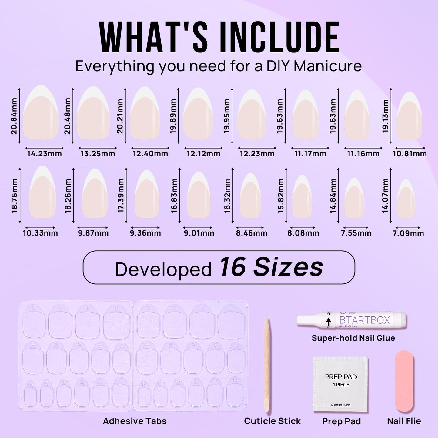 BTArtbox Press On Nails Short - Almond French Tip Press On Nails with Glue for Women, Soft Gel Glue On Nails in 16 Sizes - 32 Stick On Nails Kit, White French