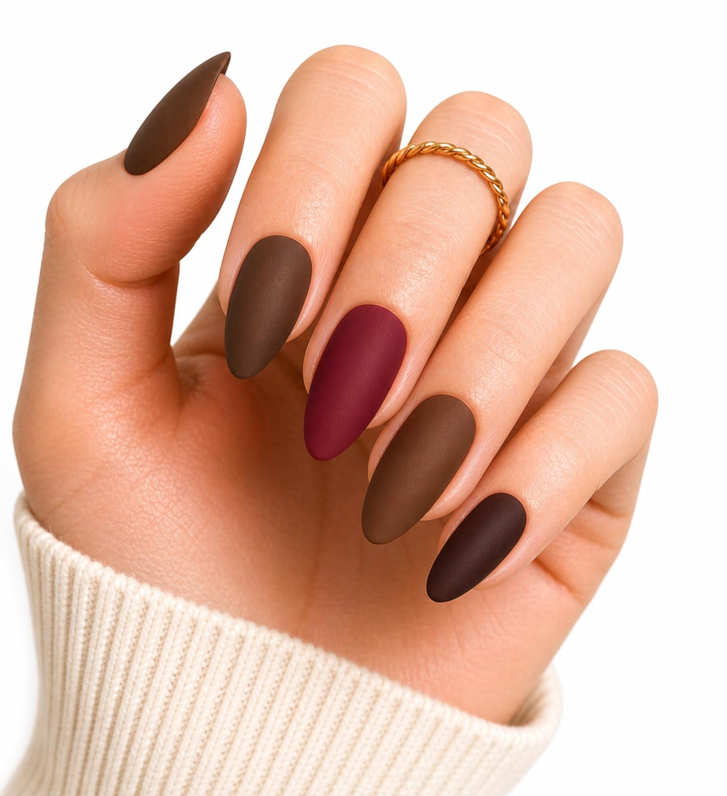 Short Almond Press On Nails – Natural Matte Nude Set, Mocha Brown & Burgundy, Clean Girl Look, Extra Strong Glue, Reusable Fake Nails