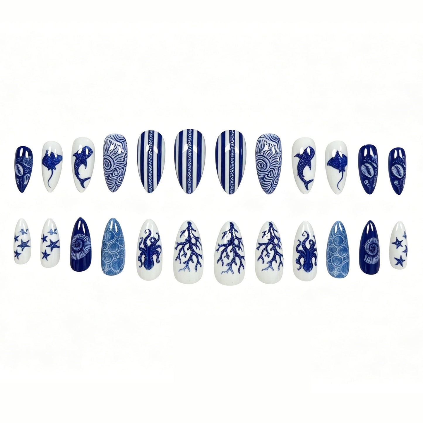 24Pcs Medium Almond Press On Nails, Blue Ocean Theme False Nails with Coral, Octopus, Starfish, Whale, Manta Ray & Shell Designs, Glossy White & Deep Blue Beach Full Cover Acrylic Nail Set for Women