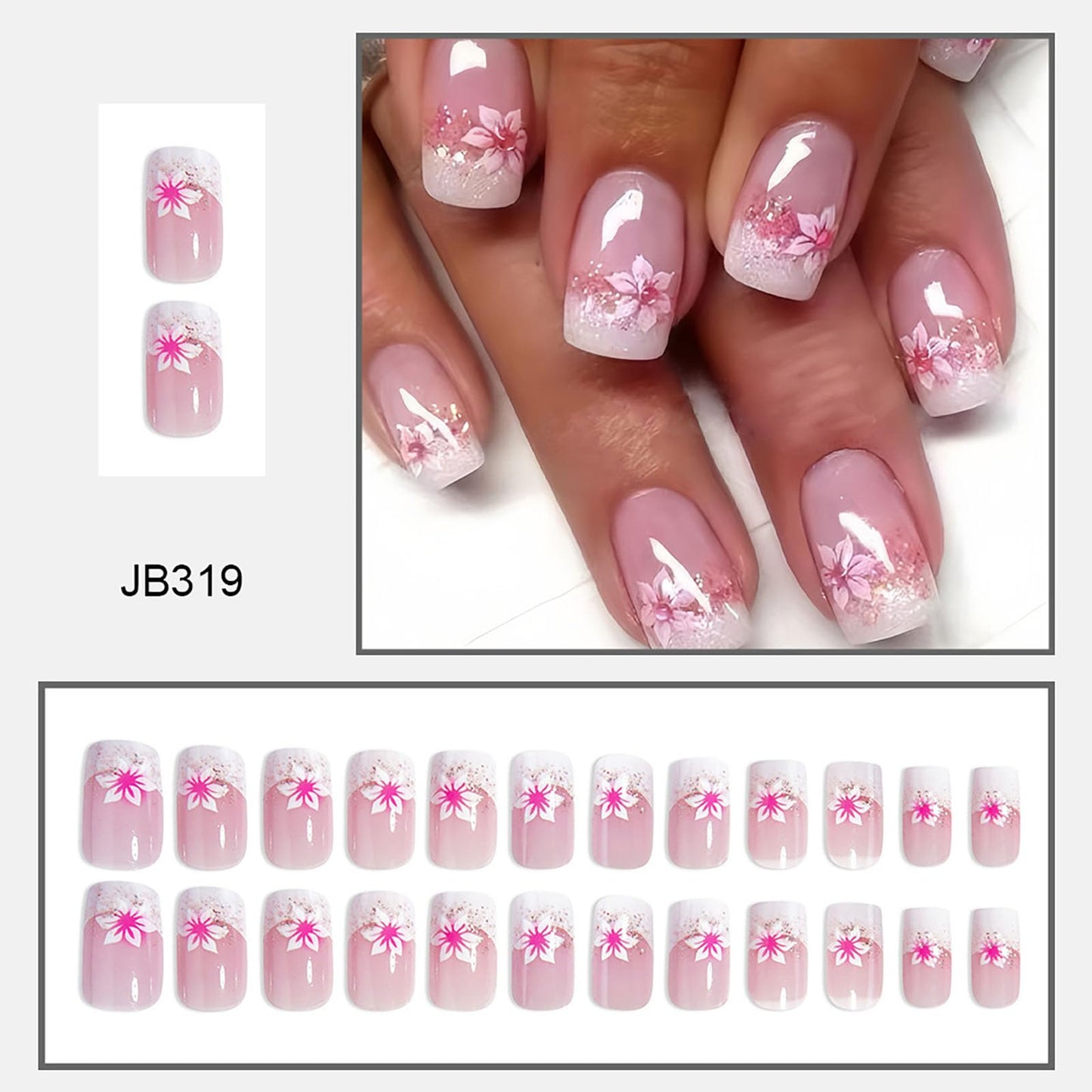 RTKHFZE French Tip Press On Nails - Acrylic Nails Press ons Medium Square fake Nails Pink Full Cover False Nails with Designs Glitter Flower Glue on Nail for Women and Girls 24Pcs