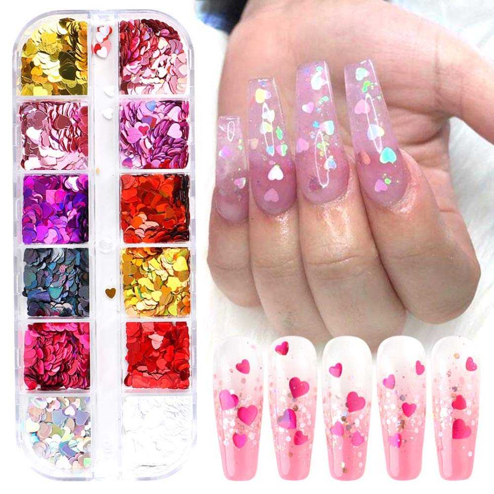 CHANGAR Valentine Heart Nail Art Decals - Glitter Sequins Acrylic Nails Design