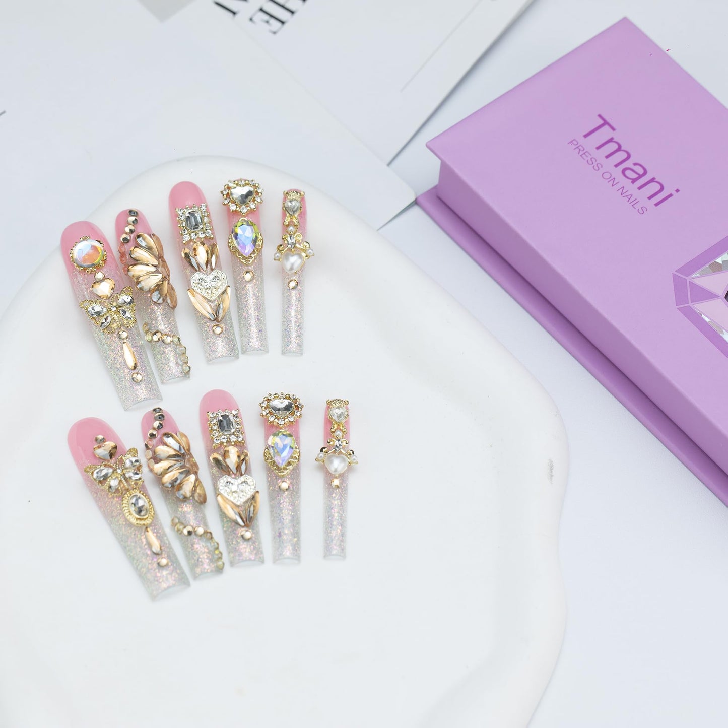 Tmani 10pc/set Extra Long Handmade Press On Nail Hot Girl's Long Ballet Nails Square Nail Full of Diamond Glitter Decoration Fake Nails Suitable For Girls Festival Parties and Birthday Gift(Pink,S)