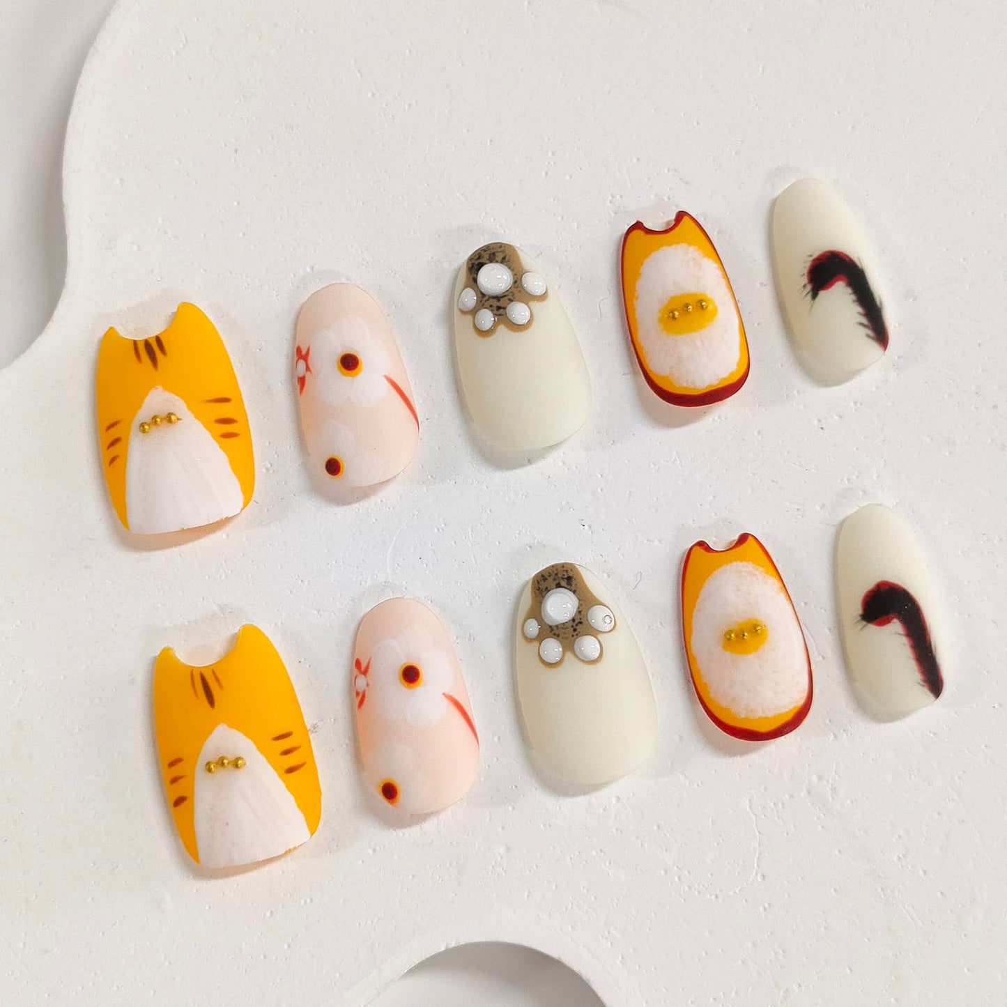 Cat Press on Nails Medium Almond Handmade 3D Thick Acrylic Nails Cute False Nails with Unique Cat Shape Paw Pads Floral Designs Funny Matte Fake Nail Yellow Sturdy Art Press on Nail 10Pcs(M)