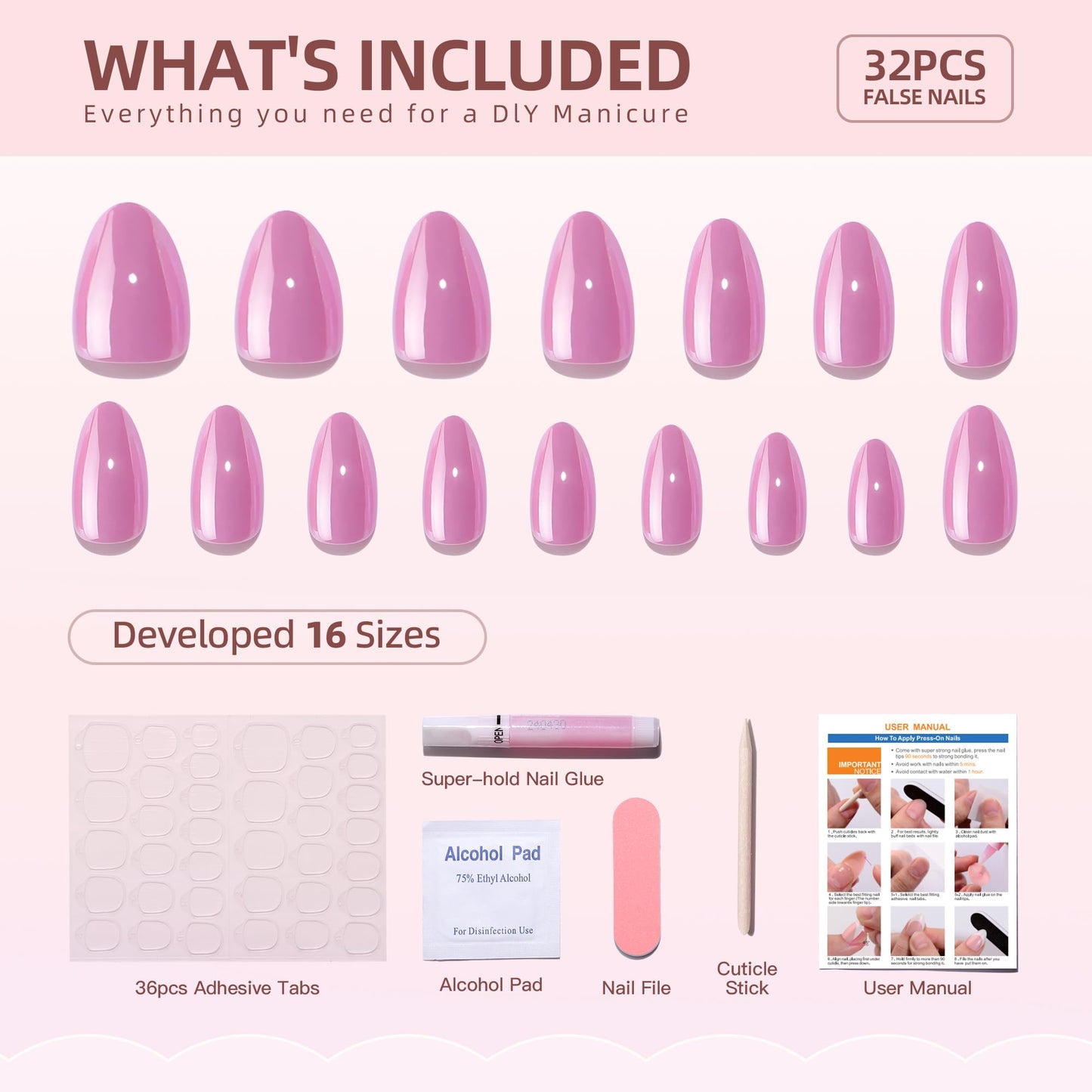 Short Almond Press On Nails - Soft Gel Press on Nails Pink Fake Nail Solid Colour False Nails Fit Perfectly Reusable Glossy Glue On Nails in 16 Sizes, Stick on Nails for Women Girls 32Pcs