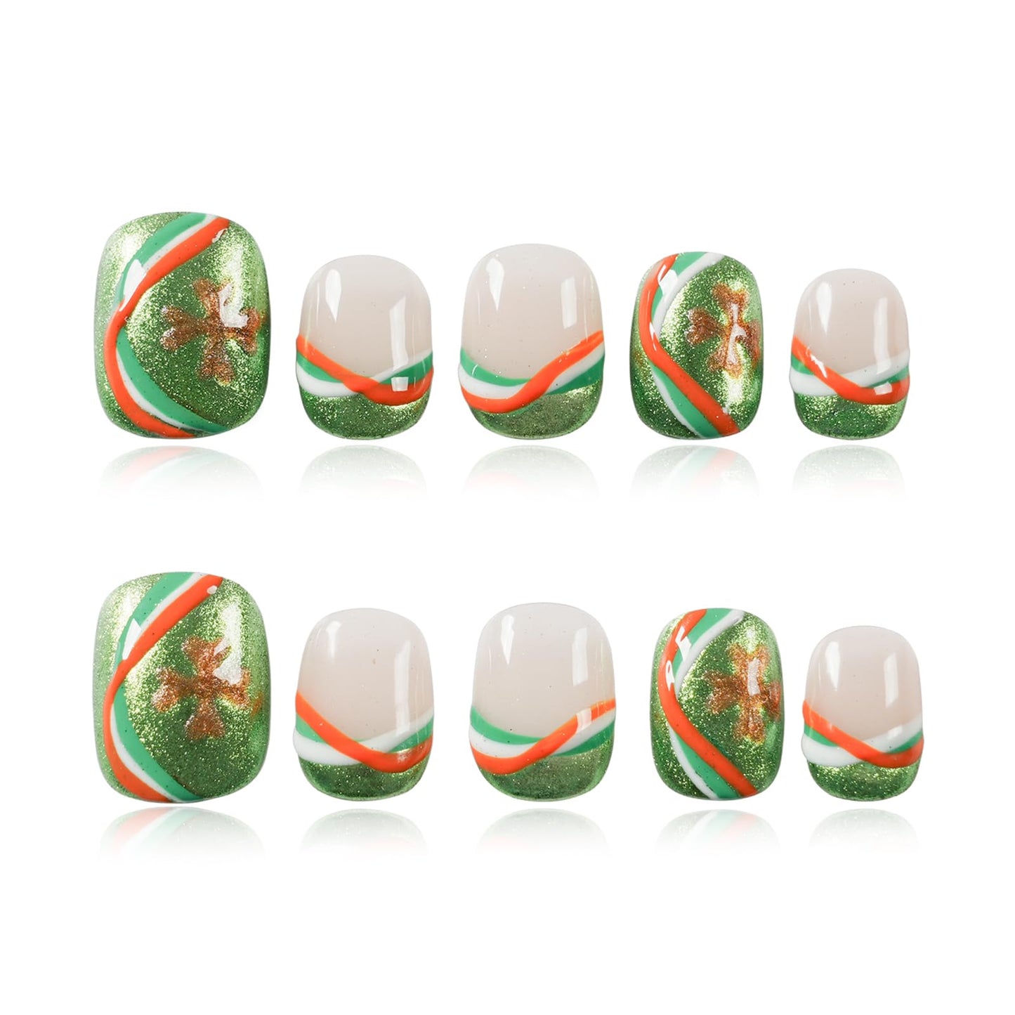 Tesytto Short Round Press On Nails, Green Glitter with Multicolor Line & Gold Clover Accents, Handmade Reusable Full Cover Nail Art (Size L)