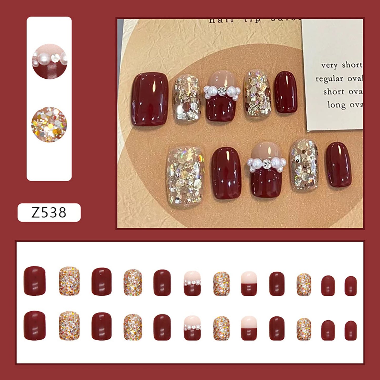 Press on Nail Short Square Length, 24Pcs Full Cover Reusable False Nails Kits, Glue On Nails with Glitter Pearl Designs, Artificial Fingernails Acrylic Fake Nails for Women Stick on Nails Coffin Shape