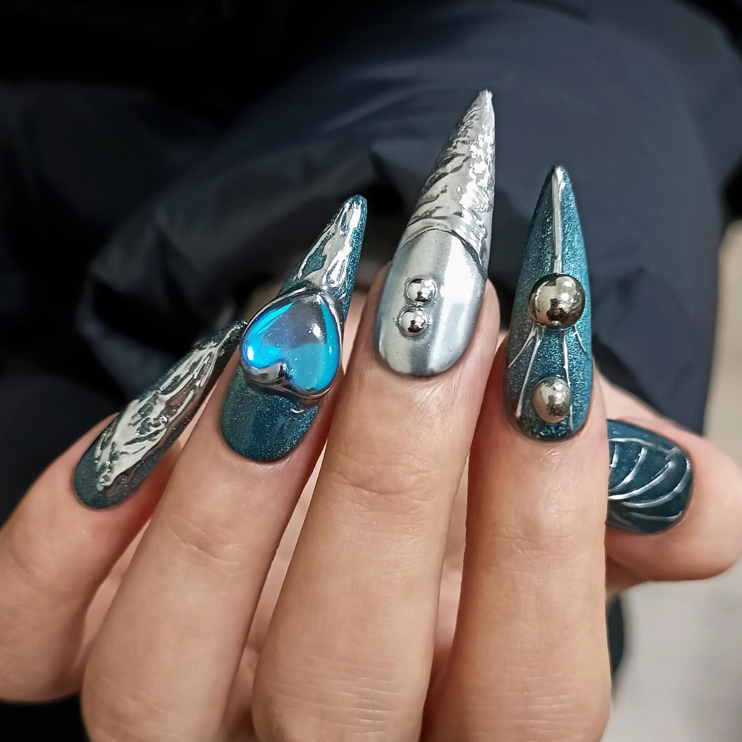 TENPAL Handmade Press on Nails Long Stiletto,Galaxy Ombre Blue-Black Fake Nails with 3D Butterflies Cross Beads Gem Stones,Edgy Y2K Metal Embossed Meteor Glitter Design Salon False Nail Kit 10pcs(L)