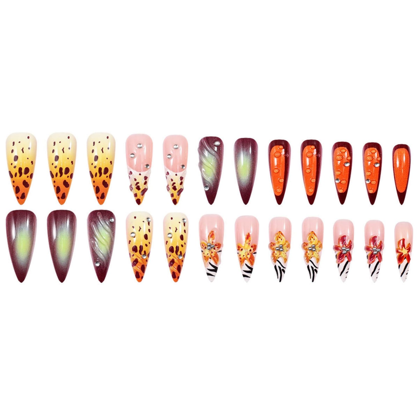 Long Press on Nails Almond Fake Nails Orange Artificial Nail 3D Floral Designs Rhinestones Stick on Nail for Women 24pcs