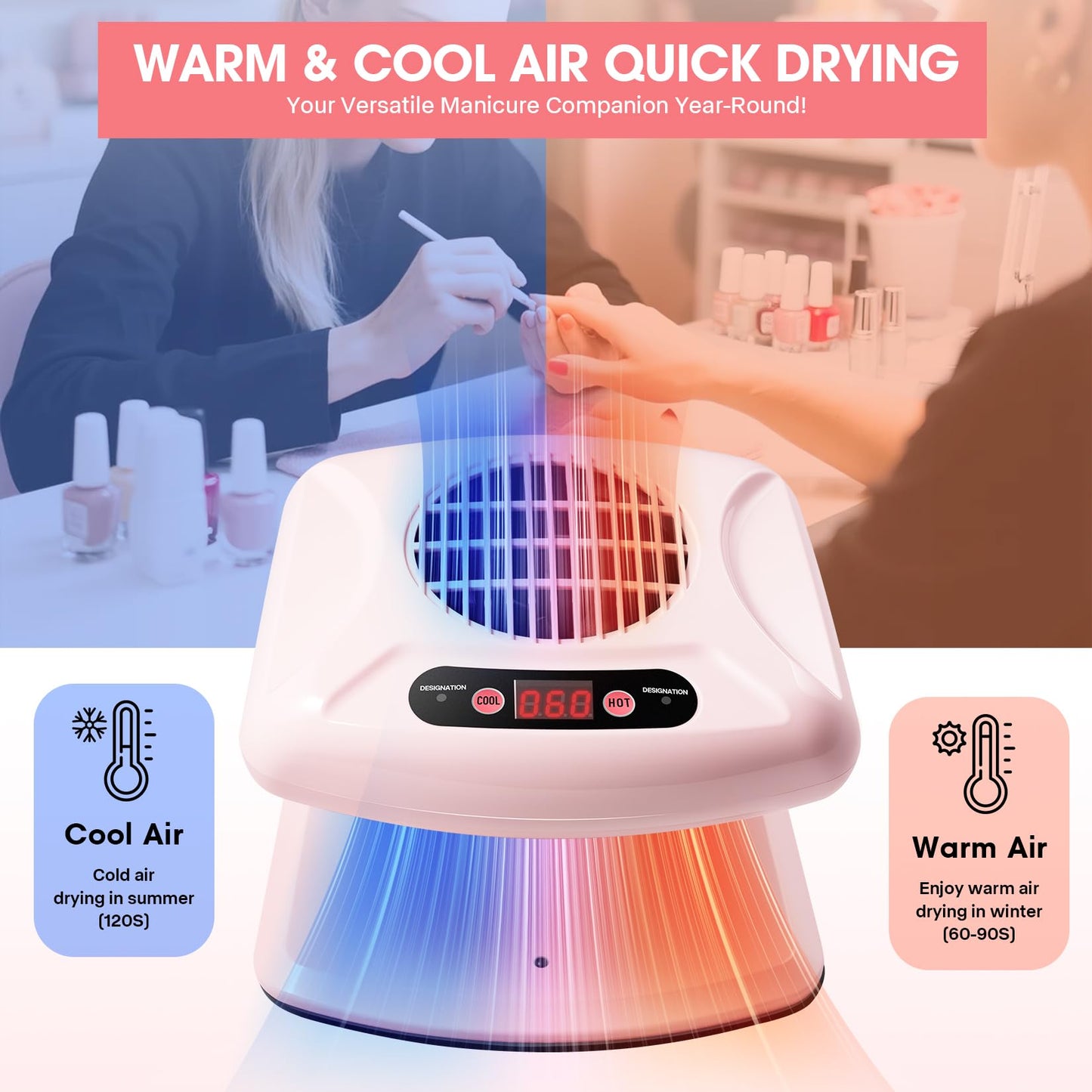 Nail Dryer for Regular Polish,LXIANGN 300W Timing Warm Cool Wind Air Nail Drying Fan with Auto Sensor,Professional Nail Fan Blow Dryer for Manicure Salon and Daily Home Use (Pink)