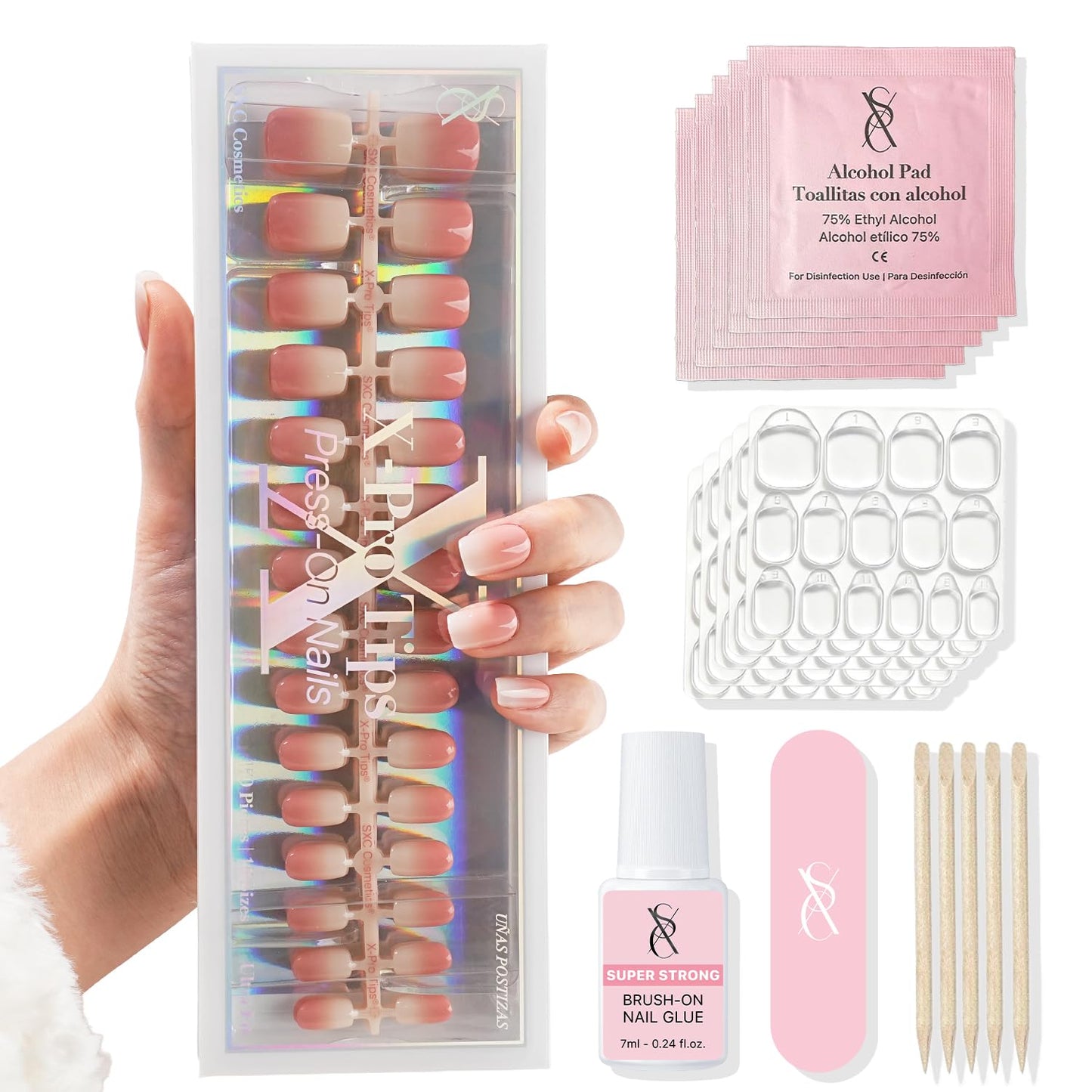 SXC Cosmetics Press On Nails - 001 Amber Ombre | X5 Signature Series - Extra Short Square Fake Nails, Salon Quality Nails 15 Sizes - 150 pieces Nail Kit with Glue