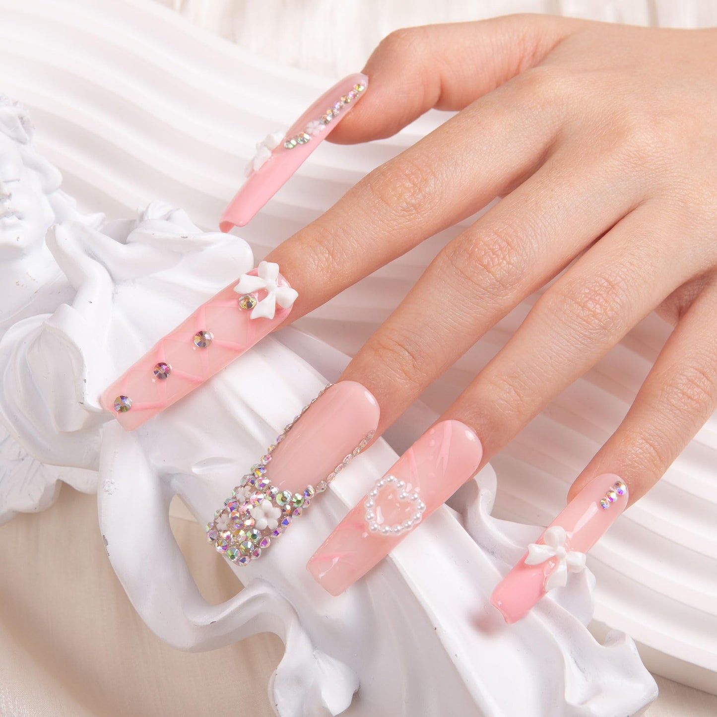LOVFUL Press on Nails Vintage Shortcake| Handmade with Full Covered Crystals| Reusable Fake Nails| Square Mid length 1.7in| H187-L